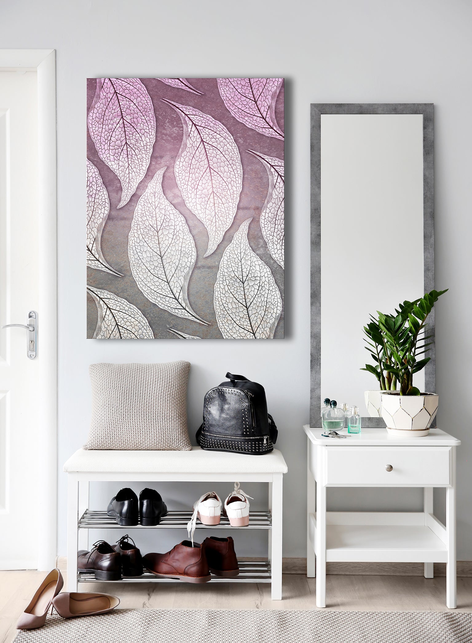 Exclusive Offer! White Leaves Wall Art with Wood Frame, Ready to Hang for Your Home