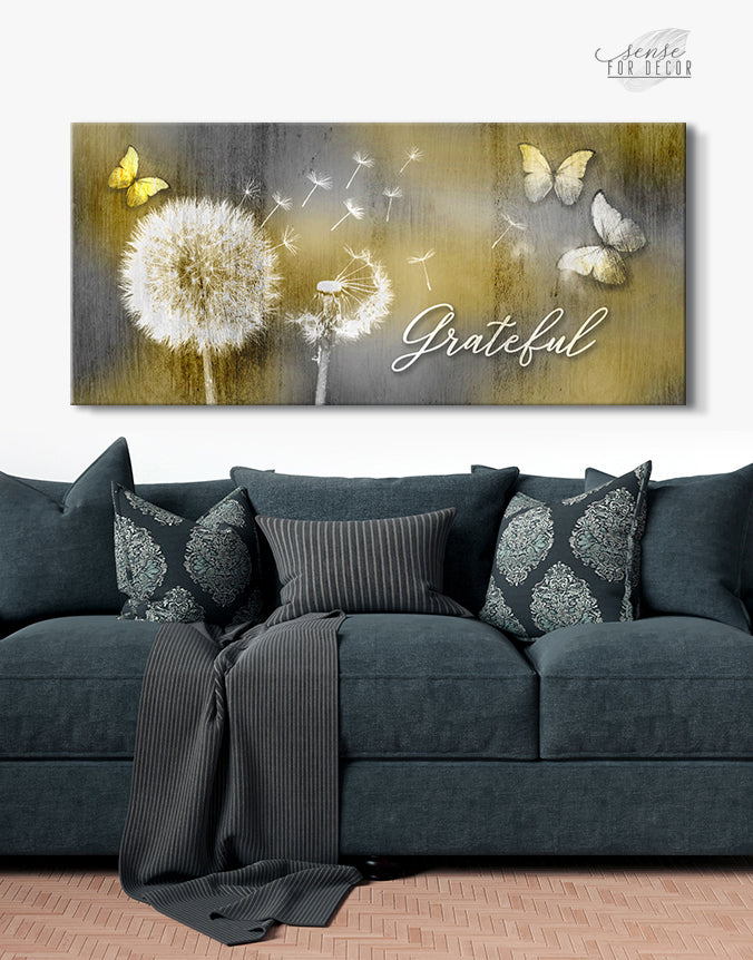 High - quality Wood - framed Christian Wall Art: Grateful Dandelions and Butterflies (Ready to Hang)