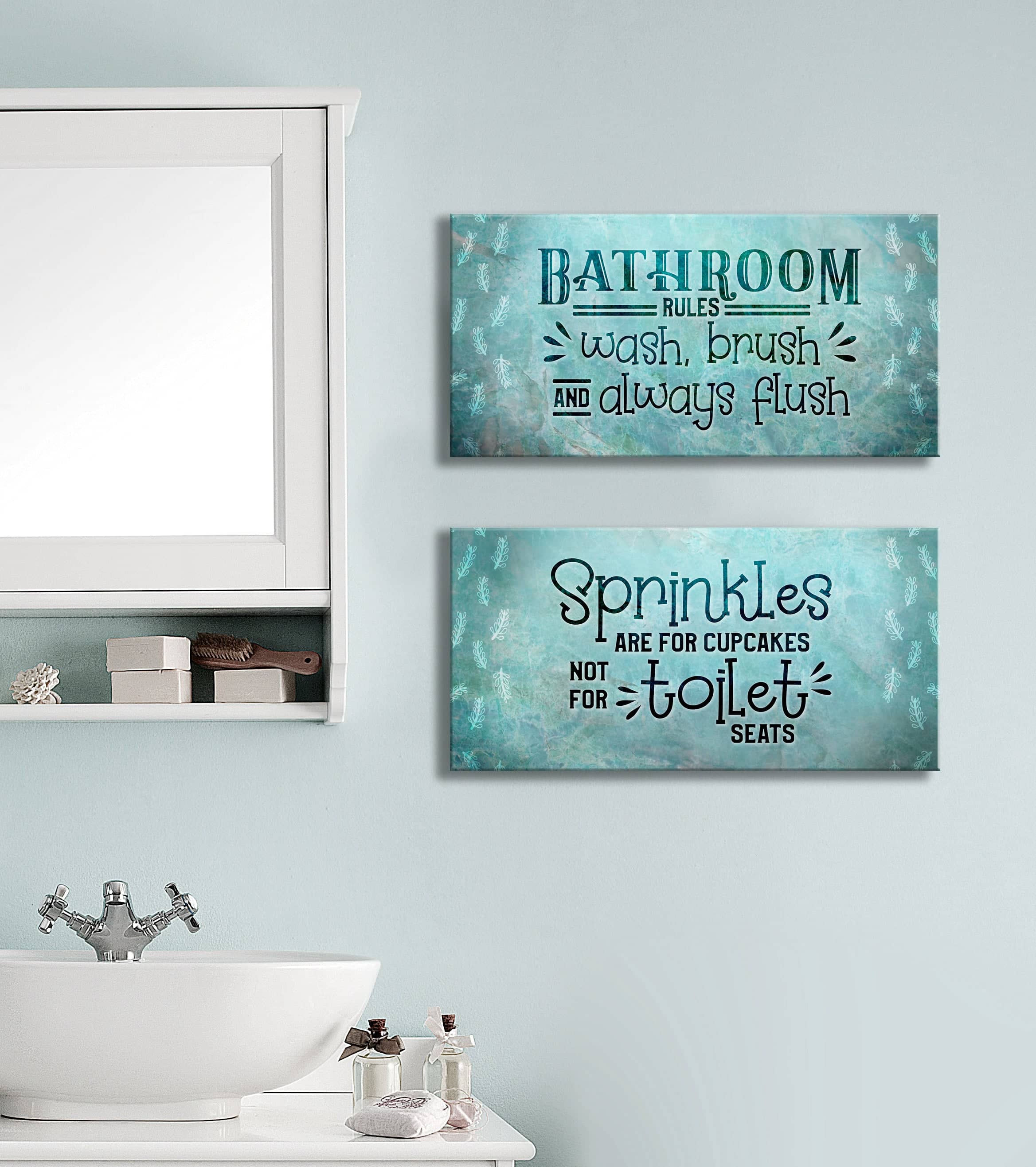 Hot Deal! Set of 2 Bathroom Wall Art with Wood Frames, Ready To Hang Bathroom Rules Sprinkles