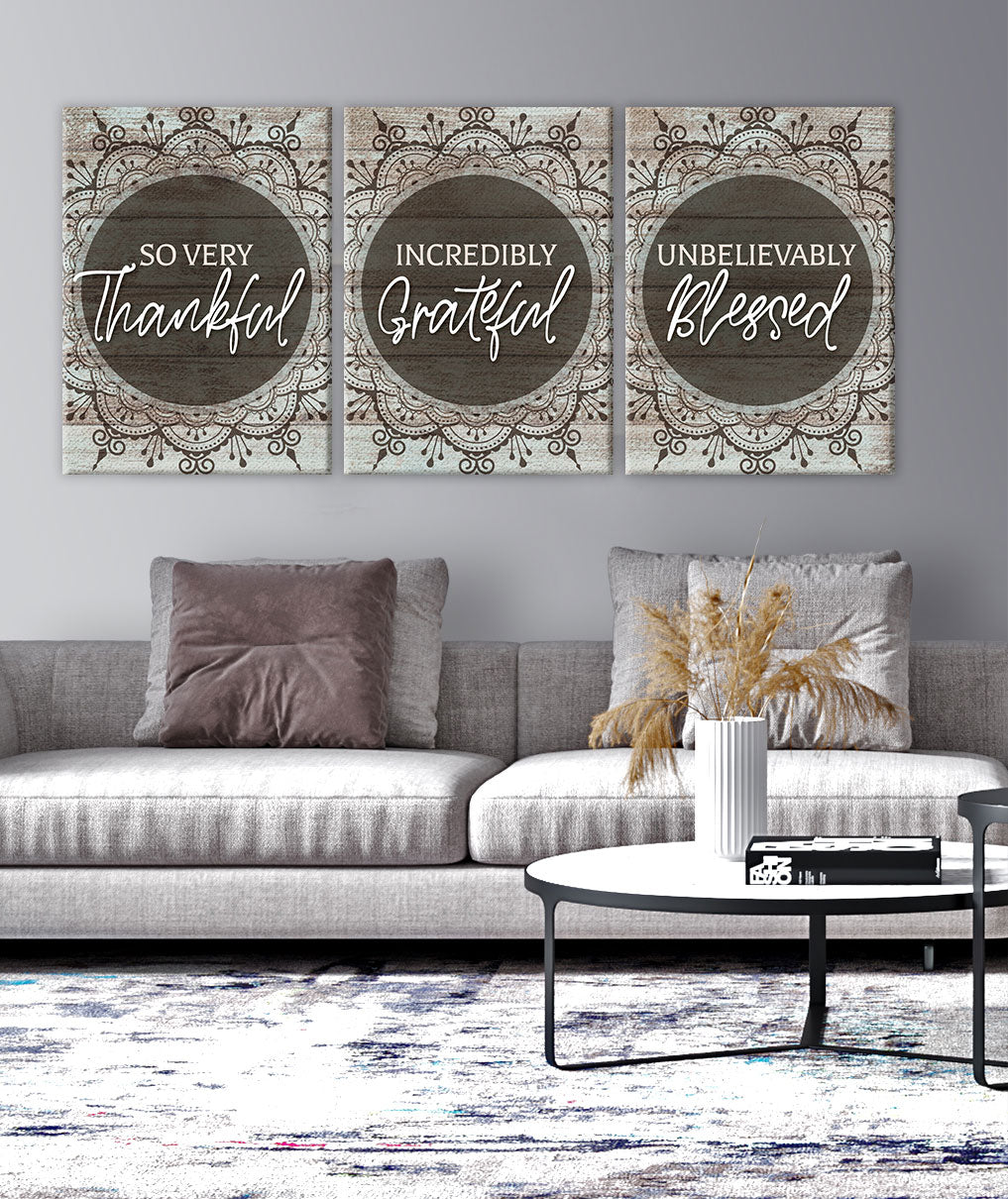 Christian Wall Art Set of 3 with Wood Frames (Ready To Hang) - So Thankful V25