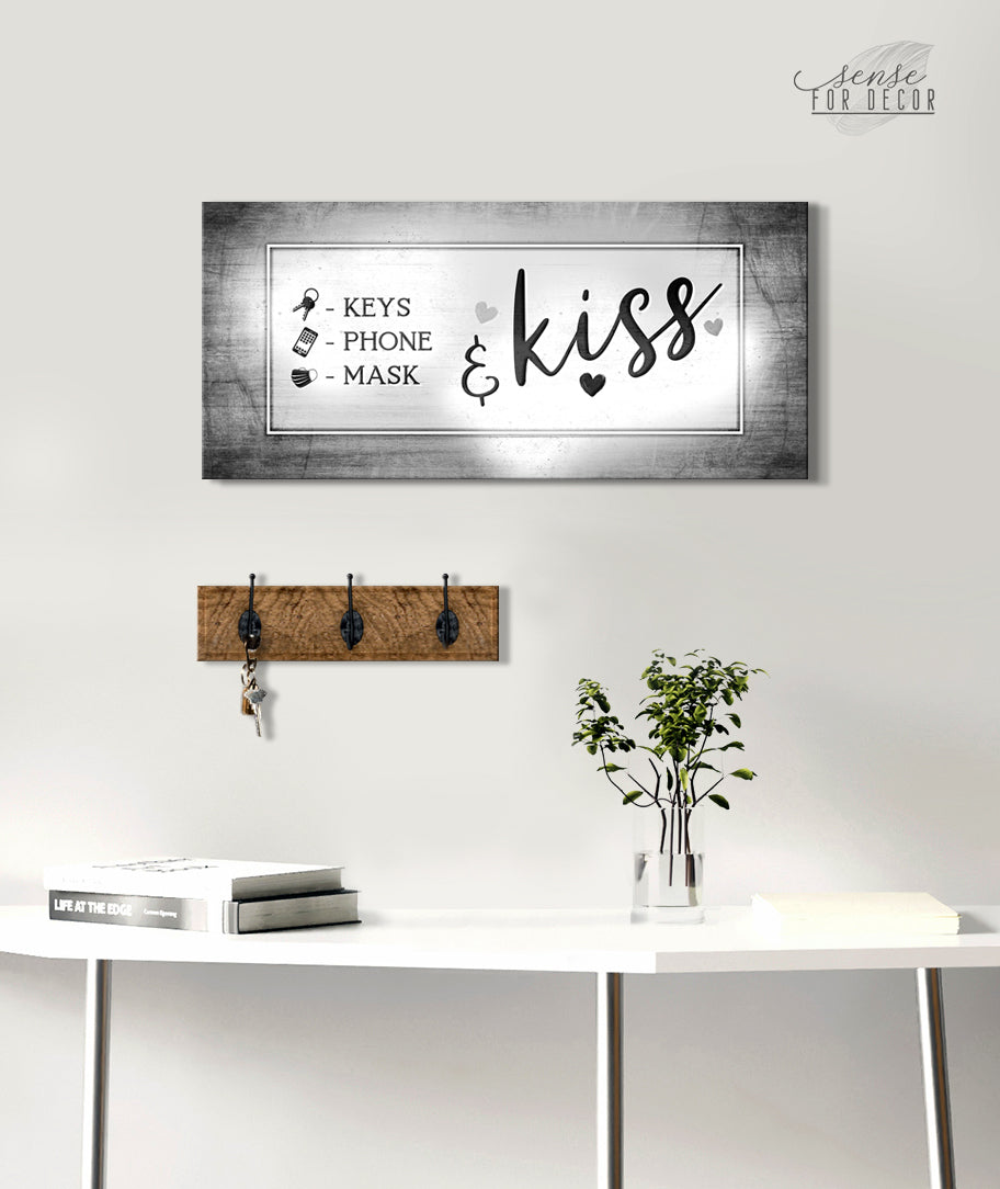 Vibrant Couples Wall Art: Keys Phone Mask Kiss V2 with Wood Frame, Ready to Hang