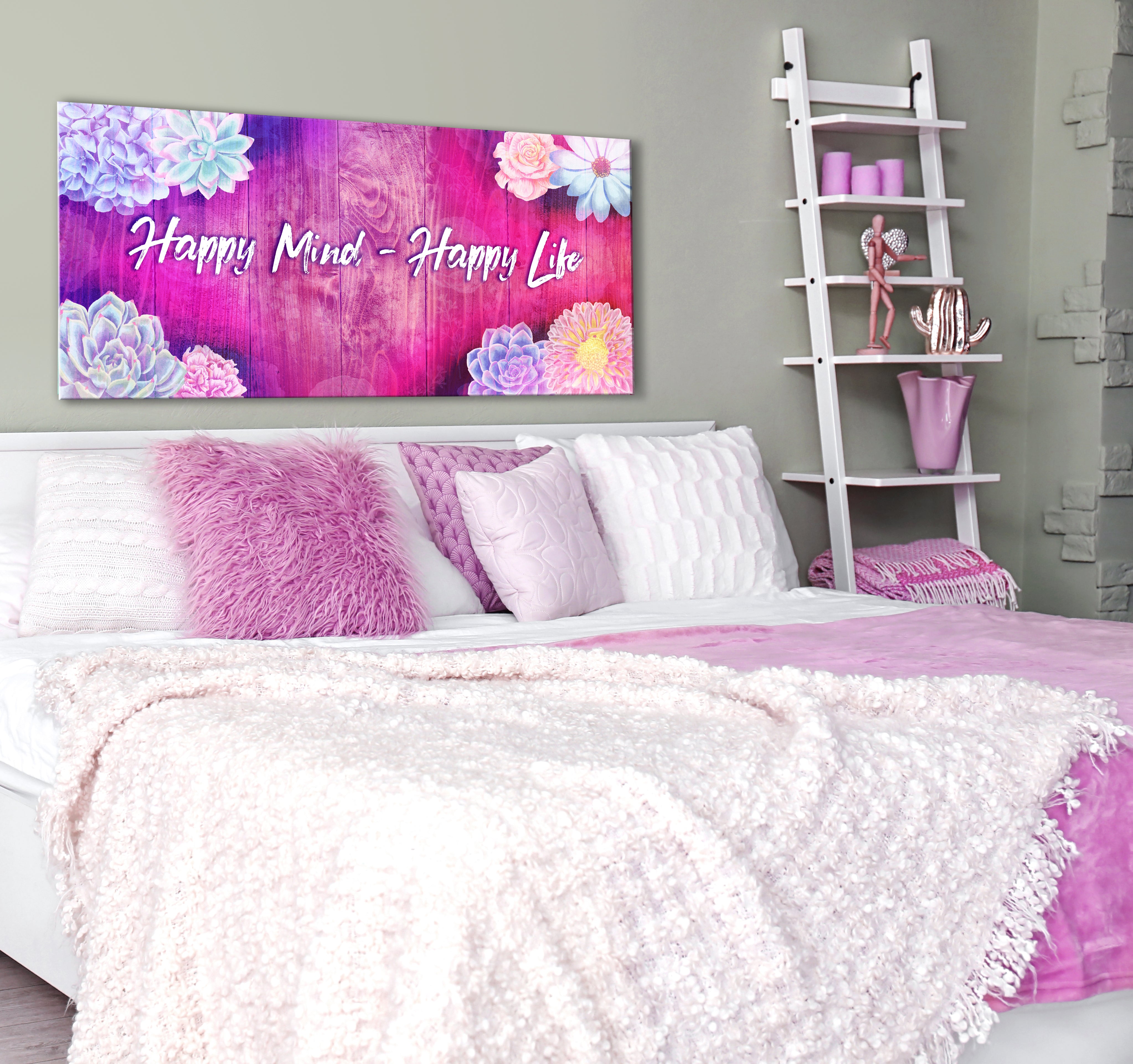 Exclusive Teen Wall Art: 'Happy Mind Happy Life' with Wood Frame, Ready to Hang - Buy 2 Save 20%