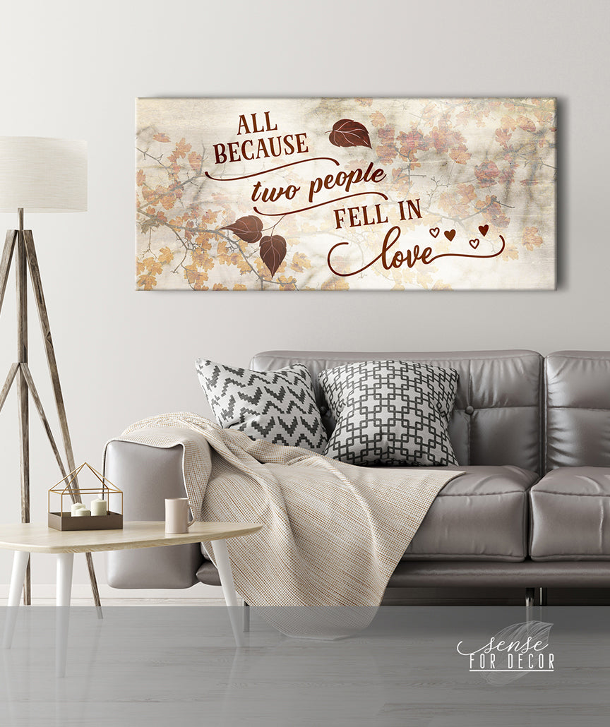Hot Deal! Couples Wall Art - 'All Because Two People Fell in Love' V4 with Wood Frame, Ready to Hang