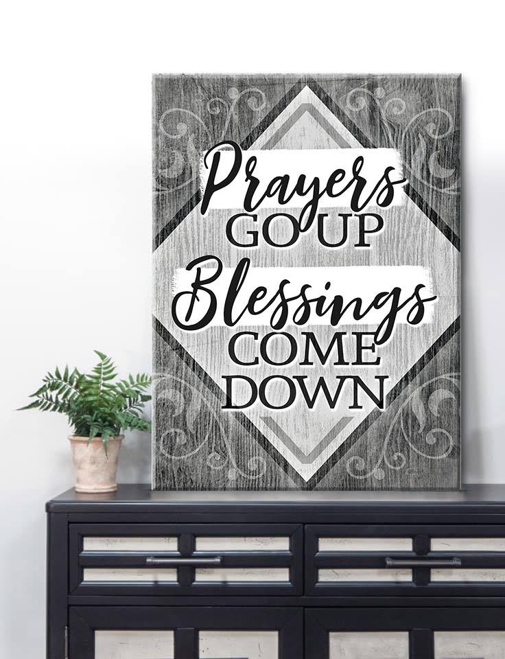 Christian Wall Art: Prayers Up Blessings Down V3, Wood Frame Ready to Hang - Buy 2 Save 20%