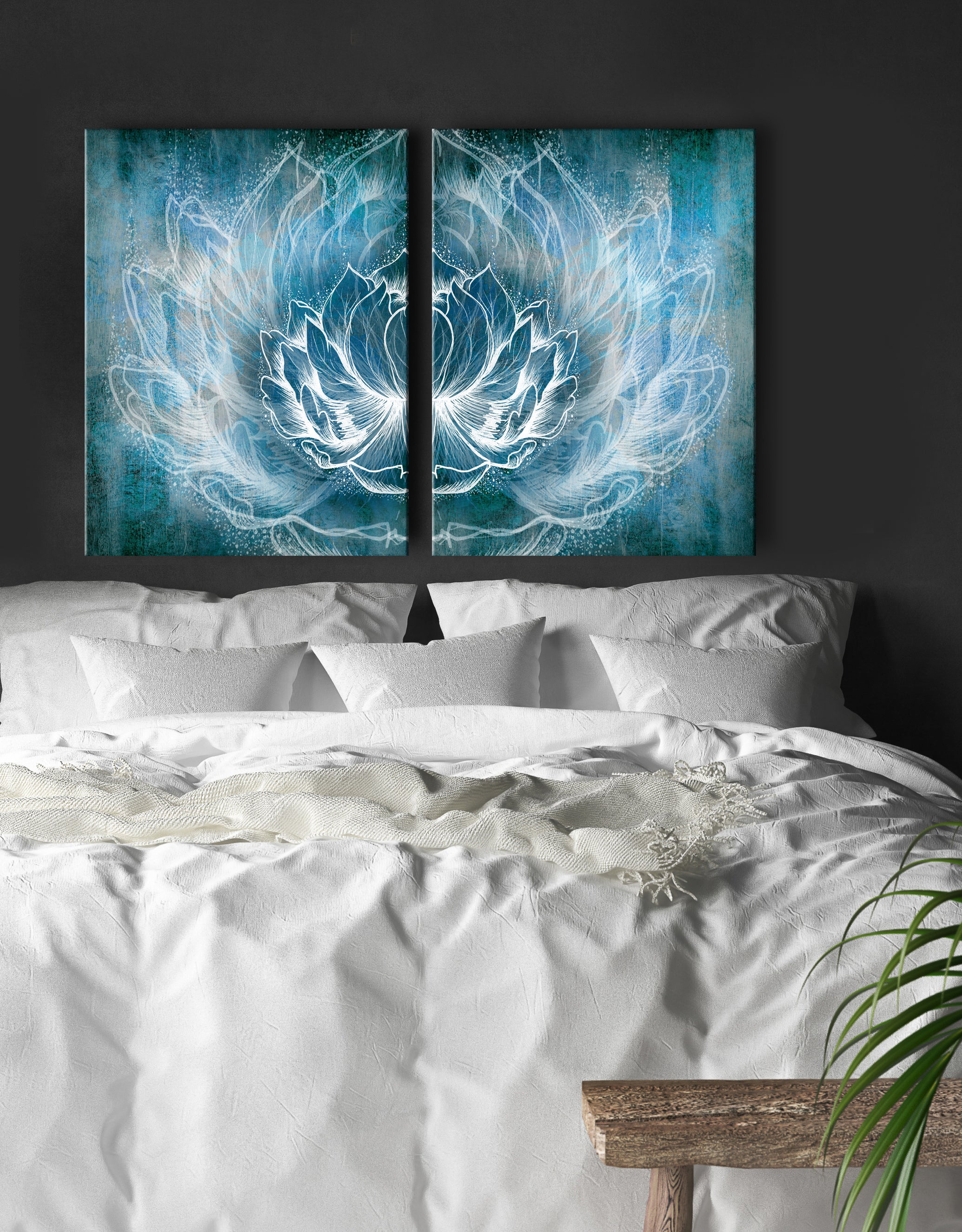 High - Quality Boho Lotus Wall Art Set of 2 with Wood Frames, Ready to Hang
