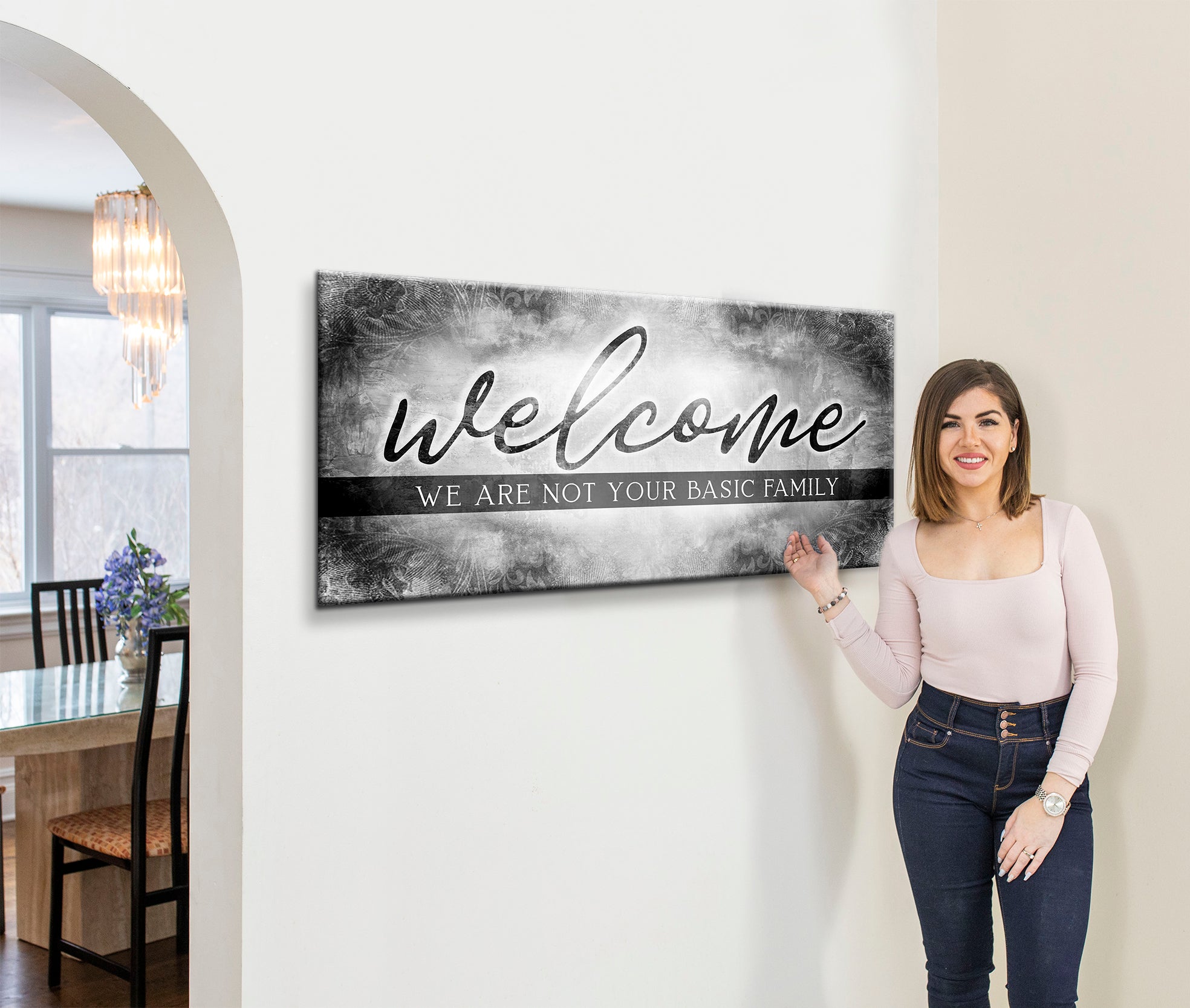 Exclusive Family Wall Art: 'Welcome, We're Not Basic' - Wood Frame, Ready to Hang