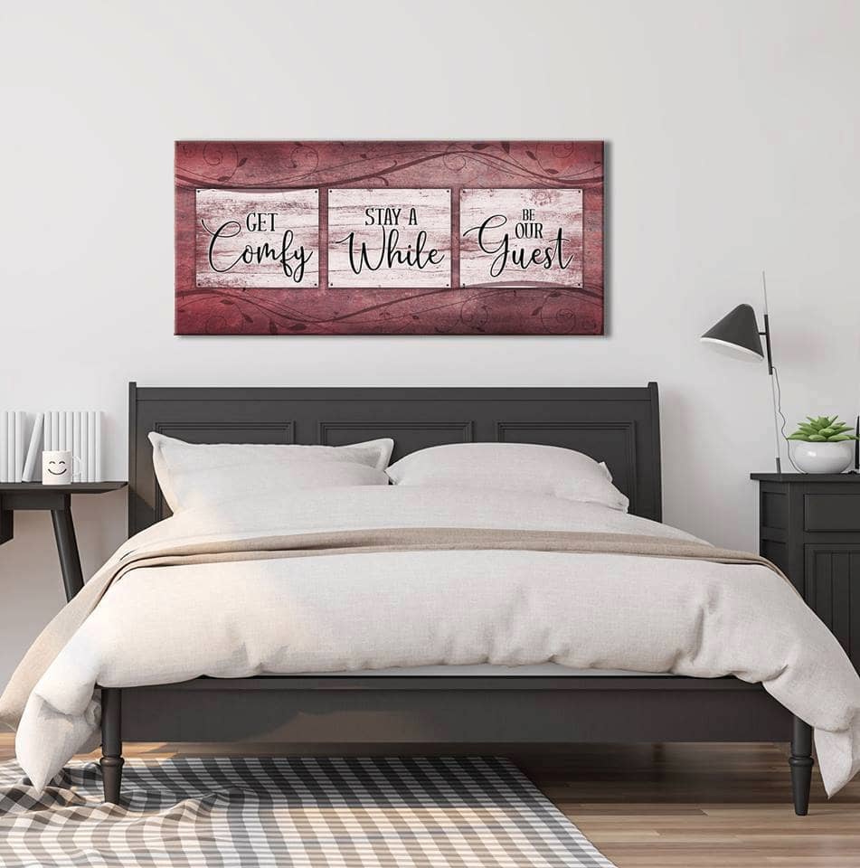 Cozy Bedroom Wall Art: 'Get Comfy Stay A While' with Wood Frame, Ready to Hang