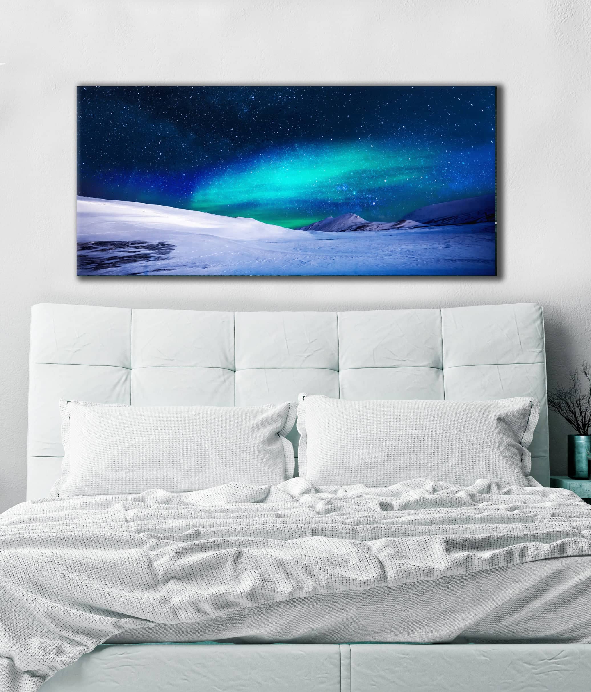 Hot Deal! Bedroom Wall Art - Green Blue Sky Galaxy Snow with Wood Frame, Ready to Hang