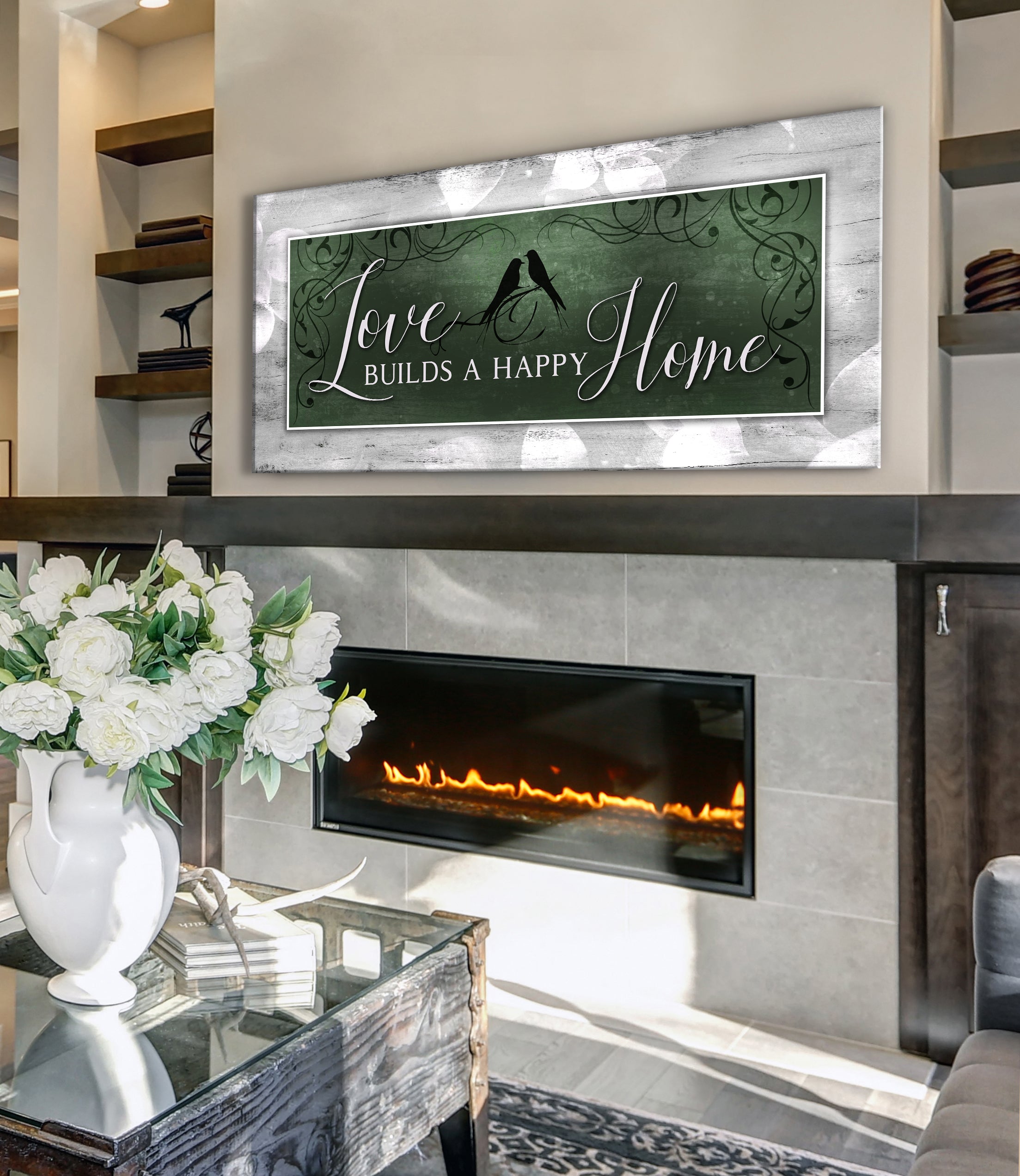 High - Quality Wood - Framed Couples Wall Art: Love Creates a Happy Home (Ready to Hang)