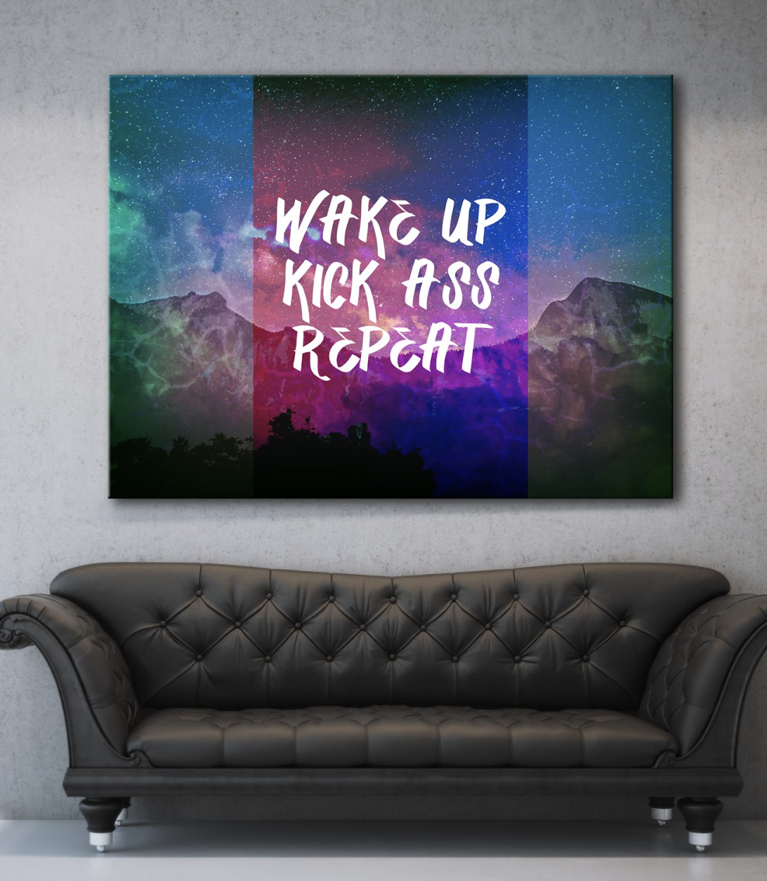 Ready-To-Hang Wood Framed 'Wake Up Kick A$$ Repeat' Home Wall Art Canvas