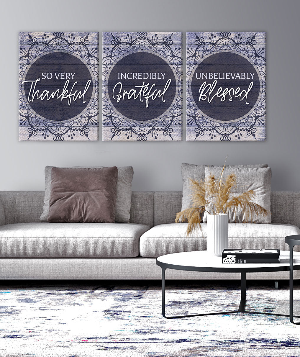 Christian Wall Art Set of 3 with Wood Frames (Ready To Hang) - So Thankful V25