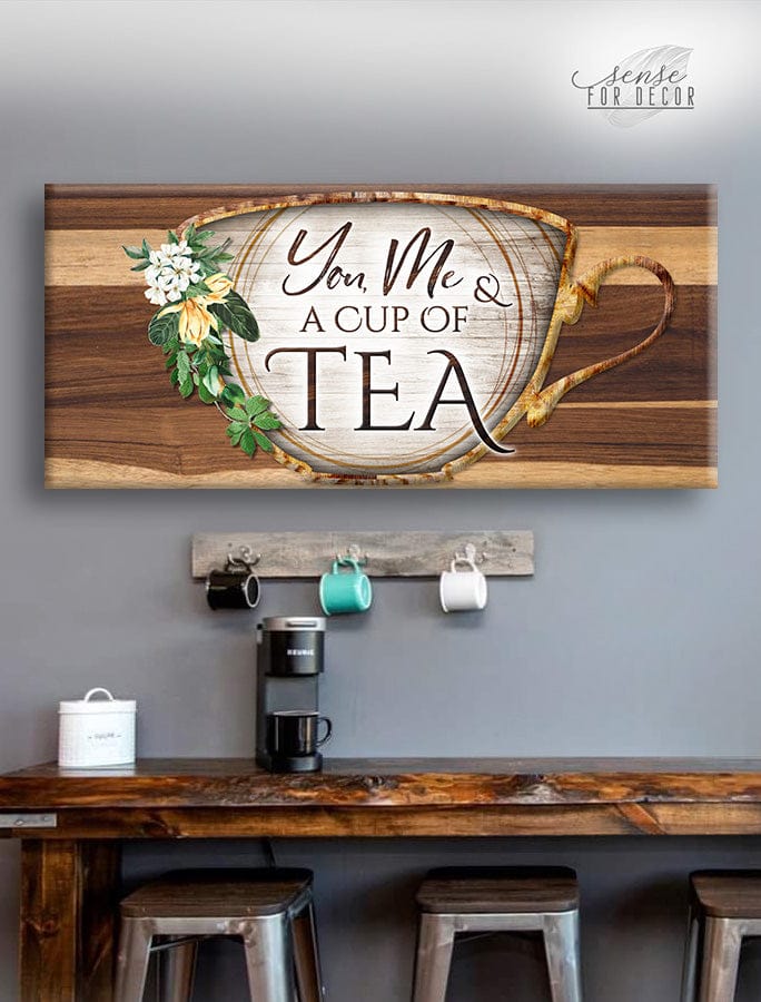 High - Quality Wood - Framed 'You Me & A Cup of Tea' Coffee Wall Art Ready to Hang