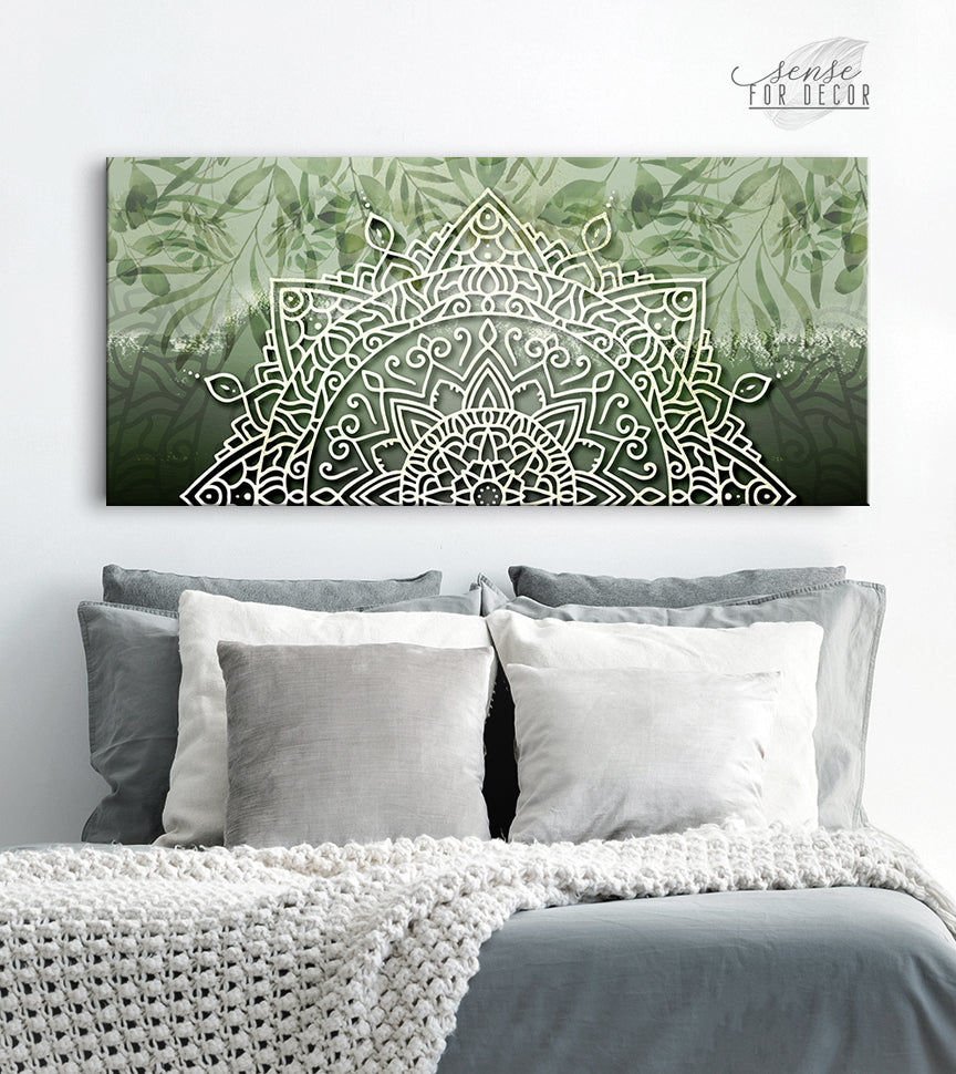 Ready-to-Hang Boho Mandala Wall Art with Leaves in Wood Frame