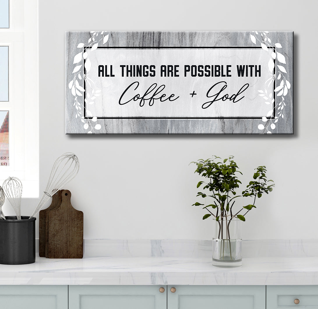 Exclusive! Kitchen Wall Art - 'All Things Are Possible With Coffee & God' in Wood Frame, Ready to Hang