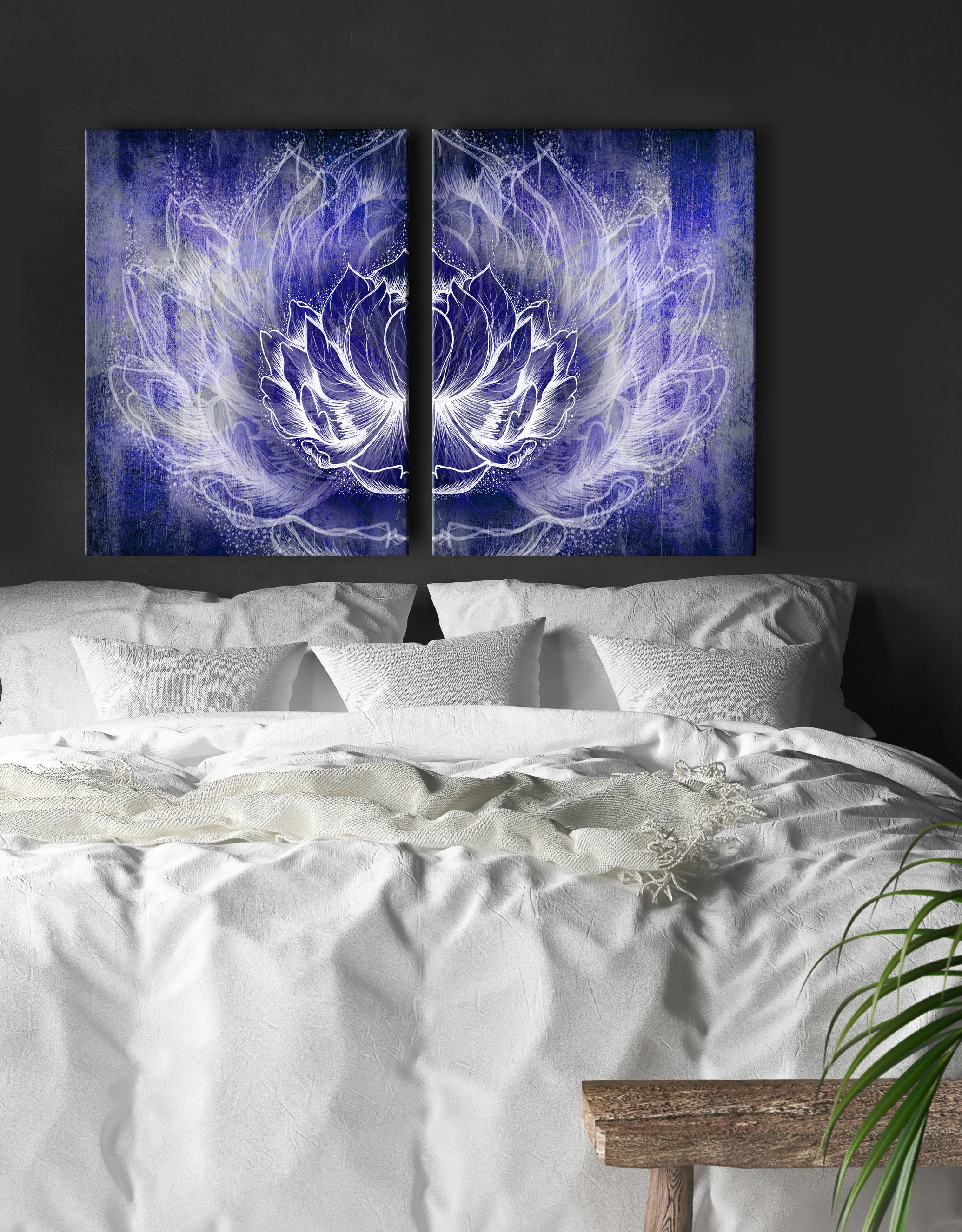 High - Quality Boho Lotus Wall Art Set of 2 with Wood Frames, Ready to Hang