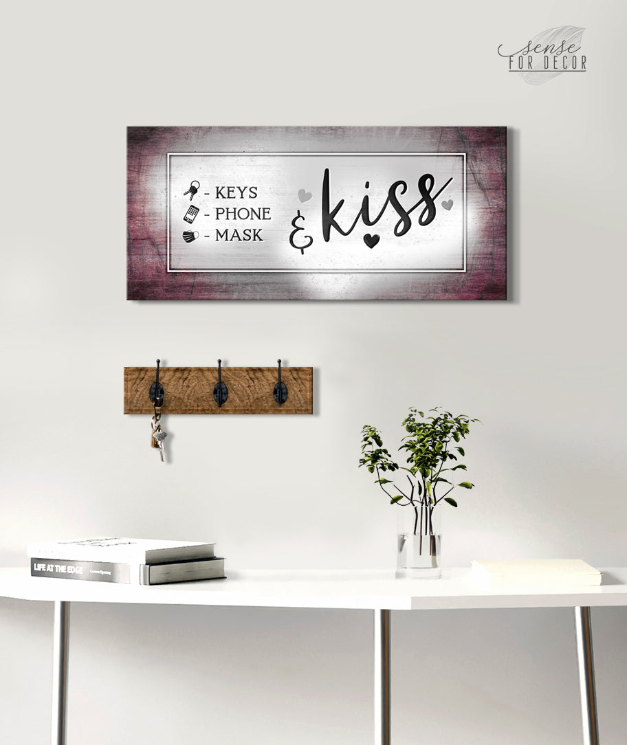 Vibrant Couples Wall Art: Keys Phone Mask Kiss V2 with Wood Frame, Ready to Hang