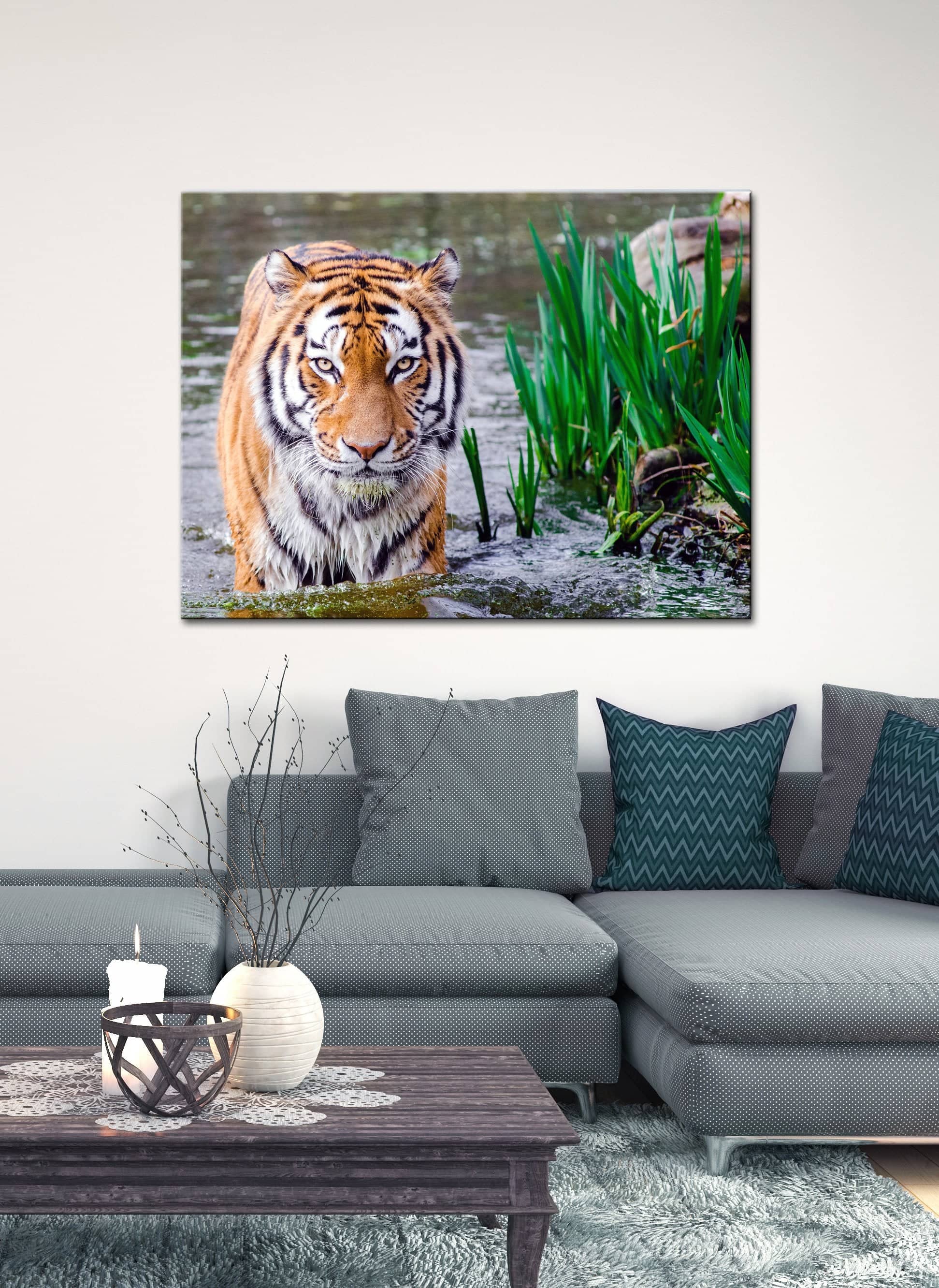Exclusive Tiger in Water Animal Wall Art - Wood Frame, Ready to Hang!