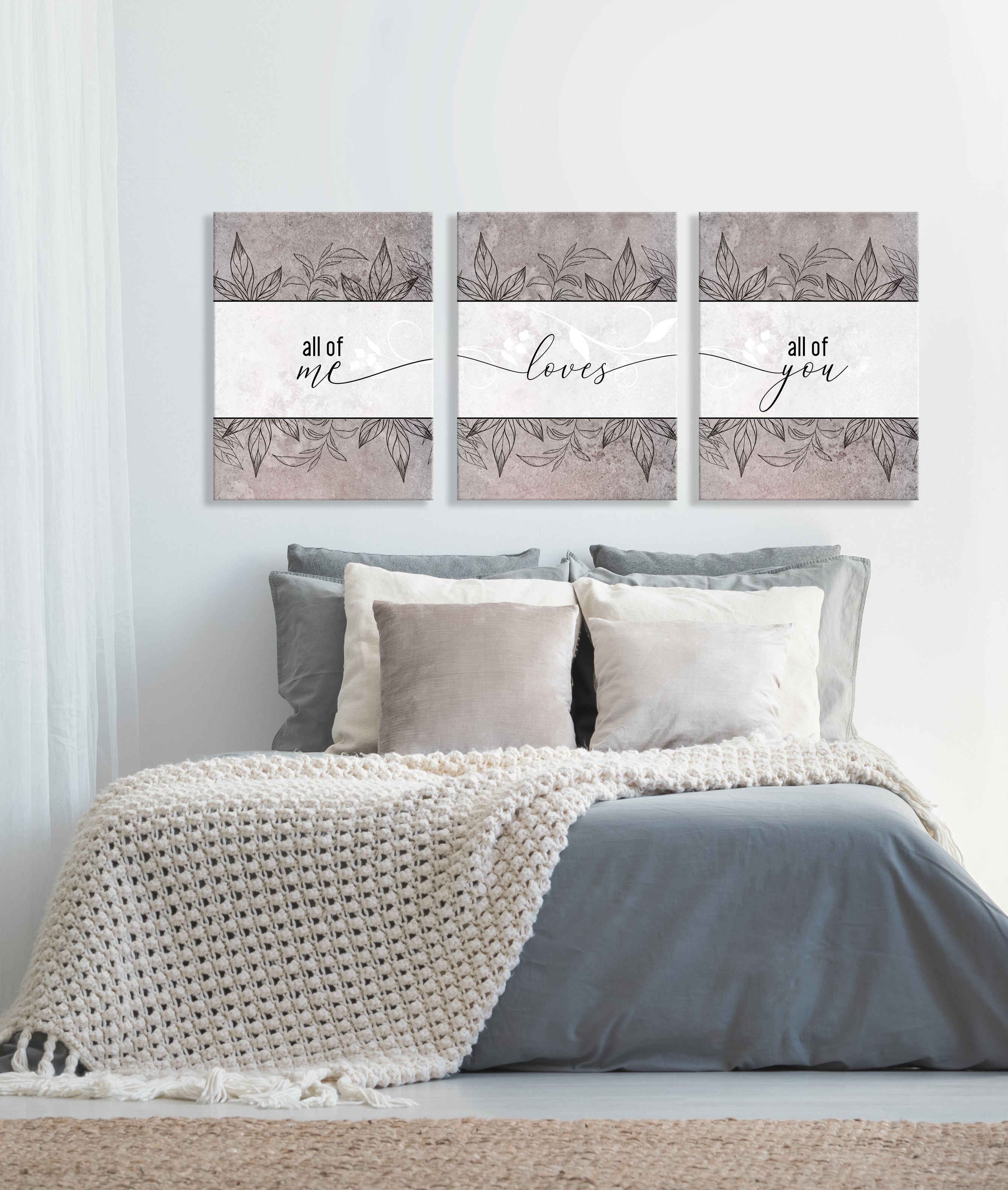 High - Quality Set of 3 Couples Wall Art: 'All of me loves all of you' (Wood Frame, Ready To Hang)