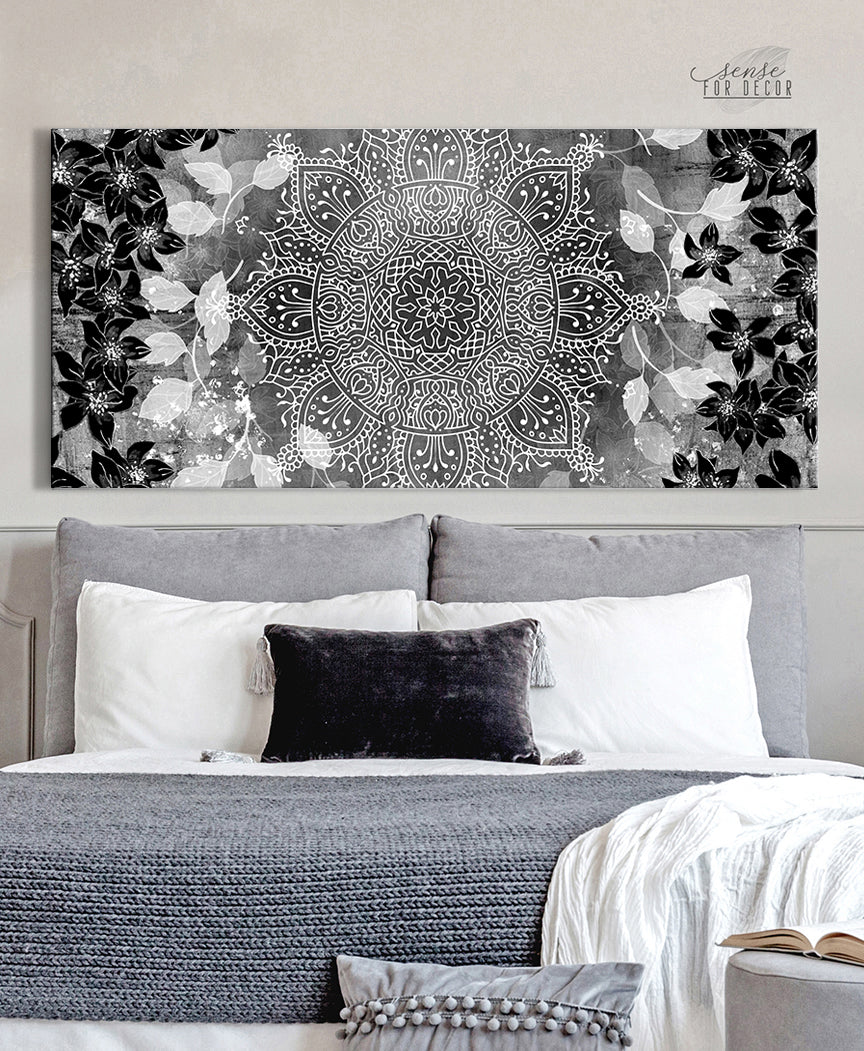Ready-to-Hang Boho Floral Mandala Flower Wall Art with Wood Frame
