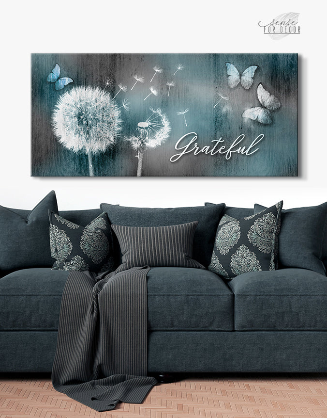 High - quality Wood - framed Christian Wall Art: Grateful Dandelions and Butterflies (Ready to Hang)