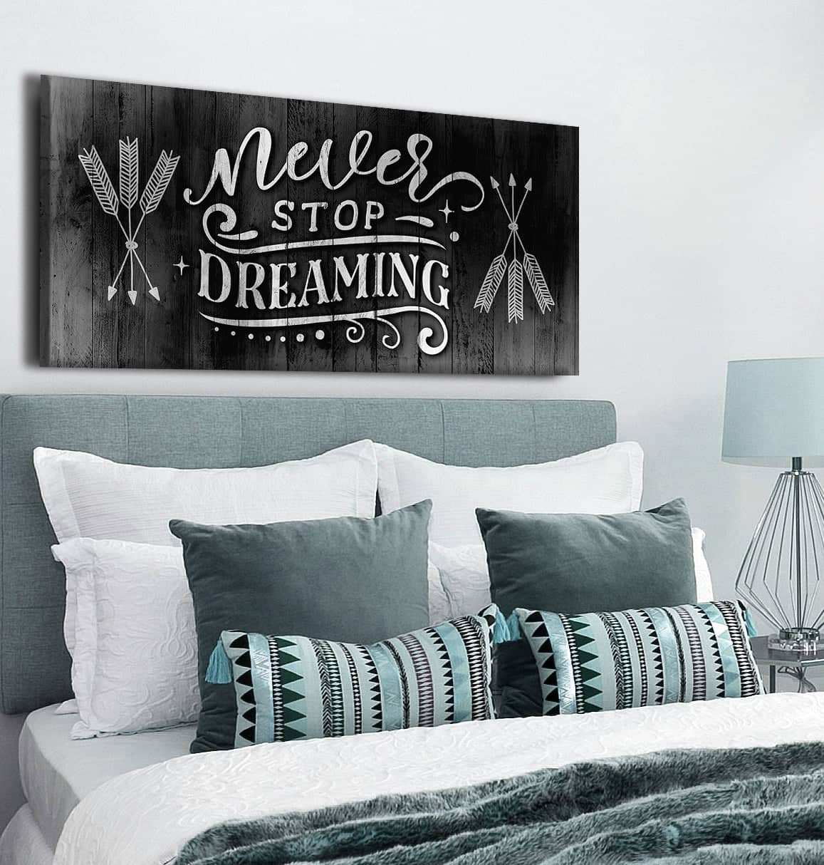 Exclusive Bedroom Wall Art: 'Never Stop Dreaming V2' - Wood Frame, Ready to Hang!