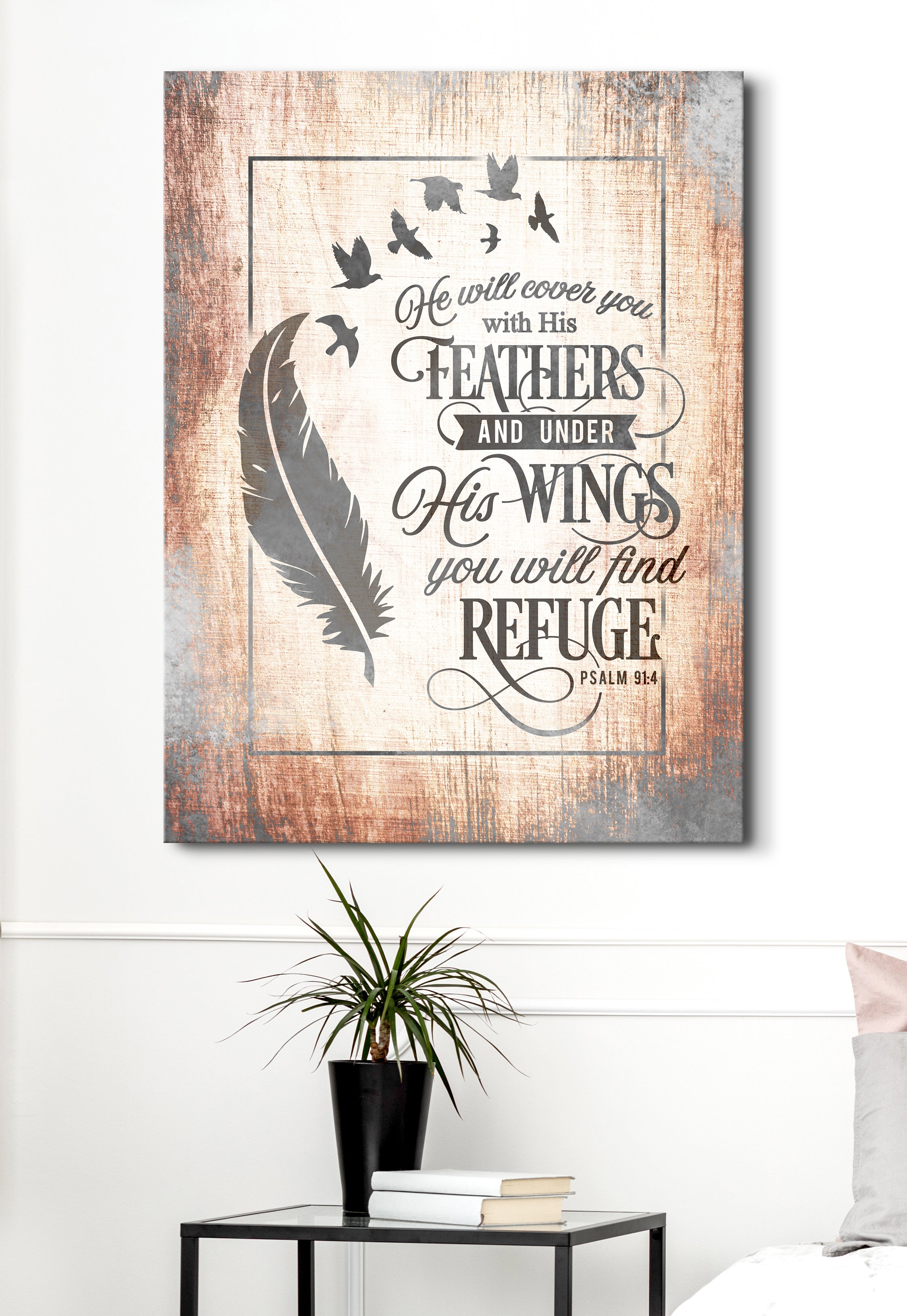 Hot Sale! Christian Wall Art - 'He Will Cover You With His Feathers' in Wood Frame, Ready to Hang