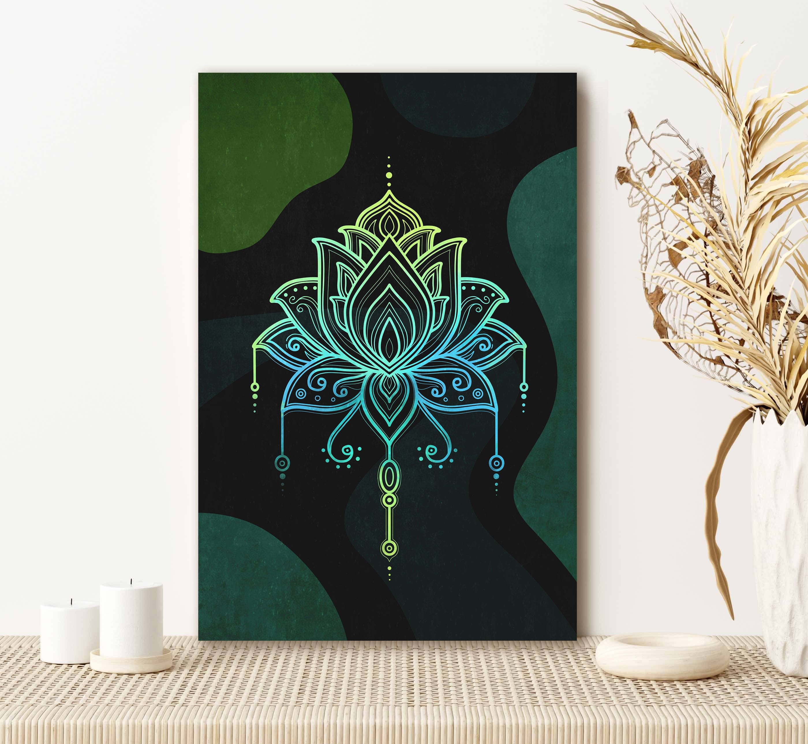 Ready-to-Hang Boho Lotus Wall Art with Wood Frame