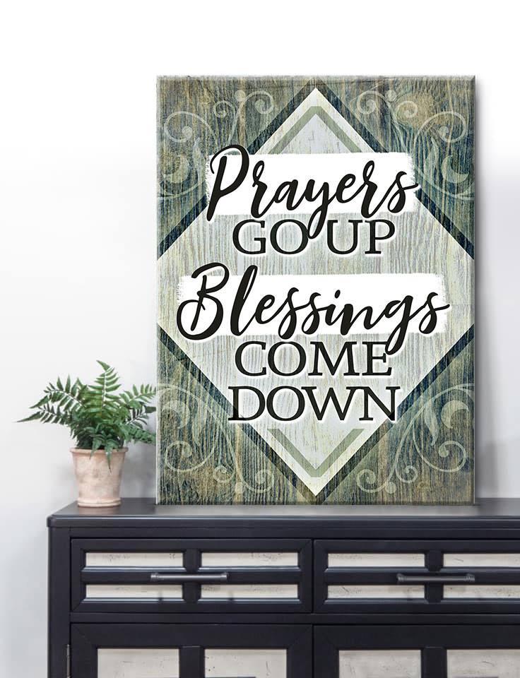 Christian Wall Art: Prayers Up Blessings Down V3, Wood Frame Ready to Hang - Buy 2 Save 20%