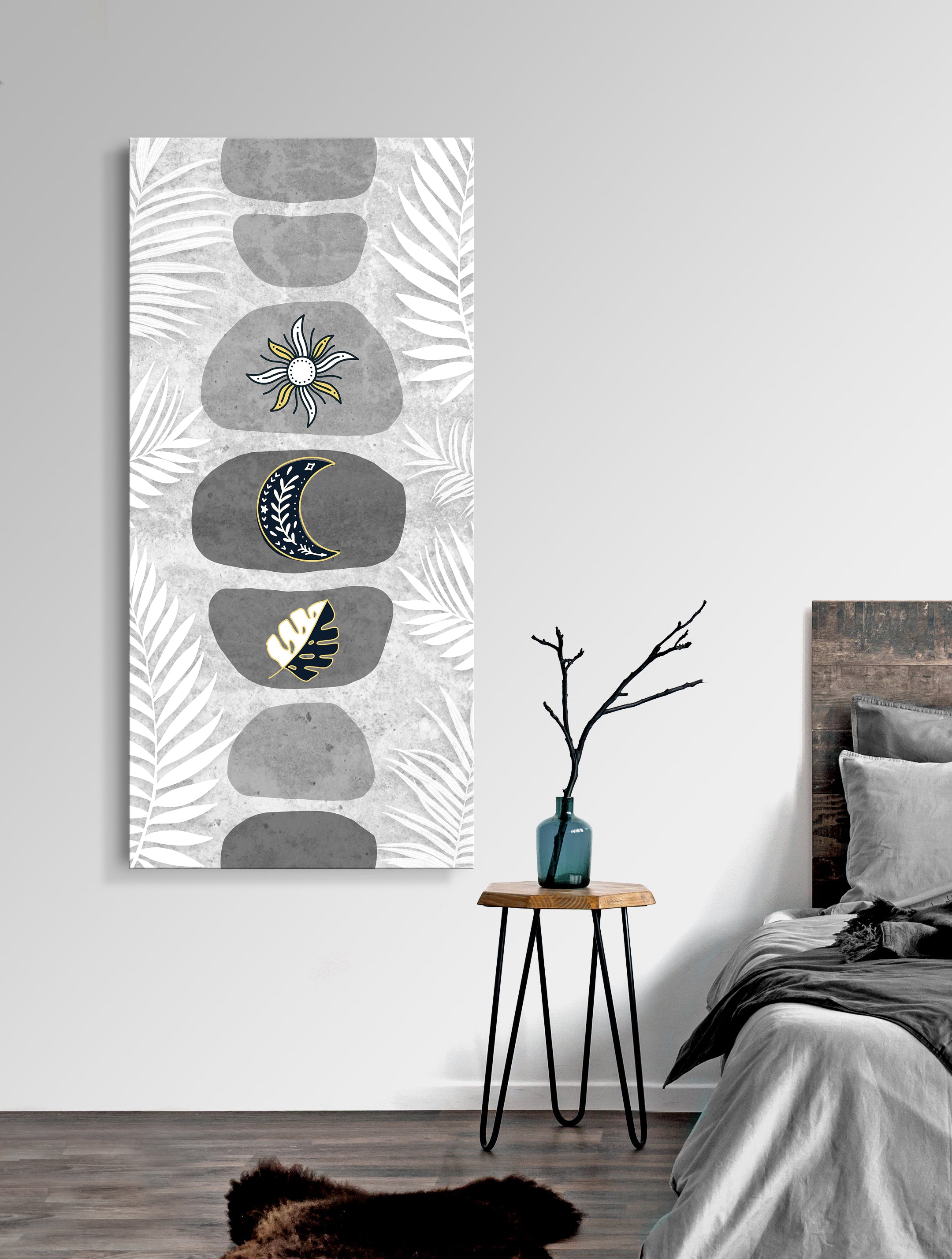 Ready-To-Hang Boho Sun Moon Leaf Wall Art with Wood Frame