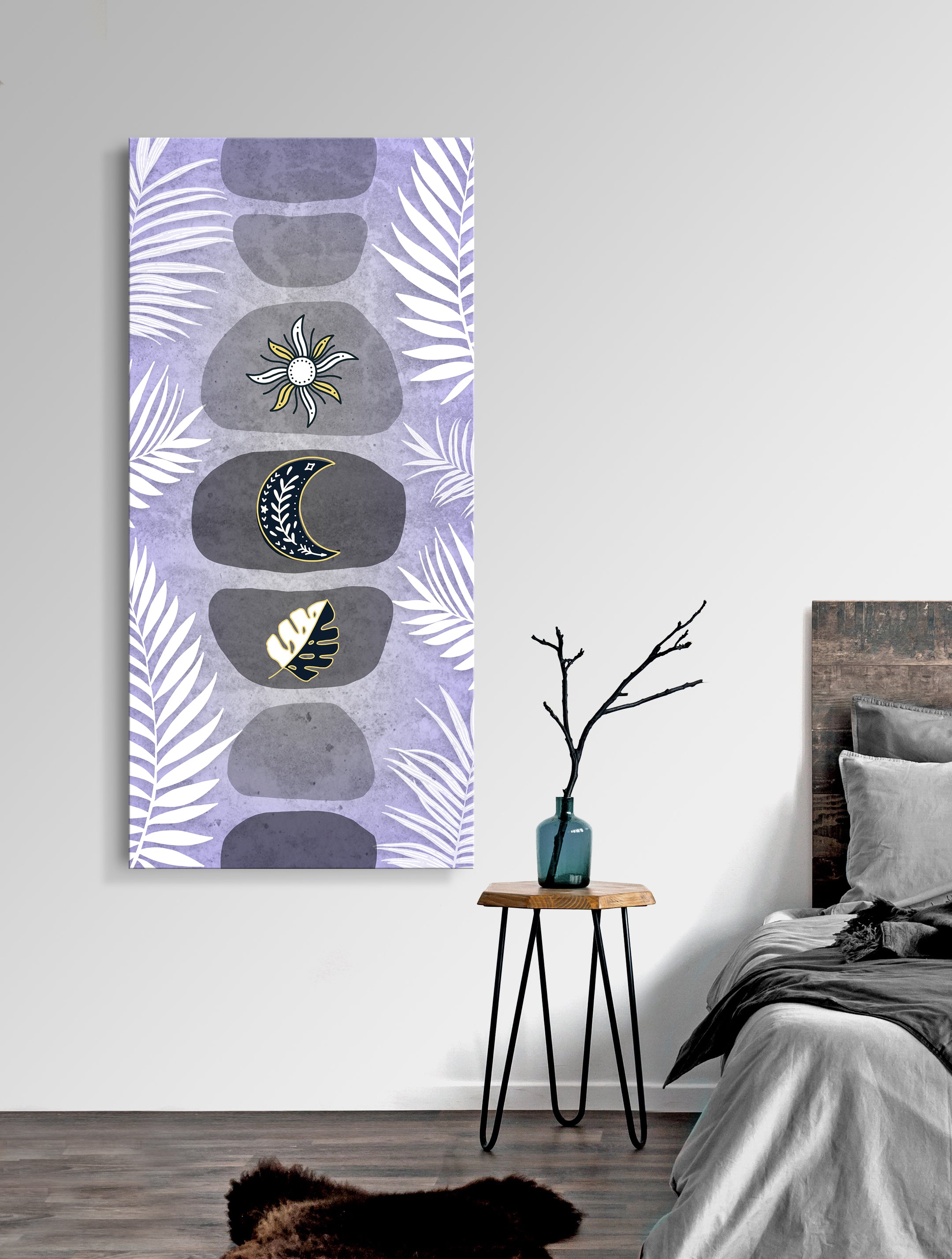 Ready-To-Hang Boho Sun Moon Leaf Wall Art with Wood Frame