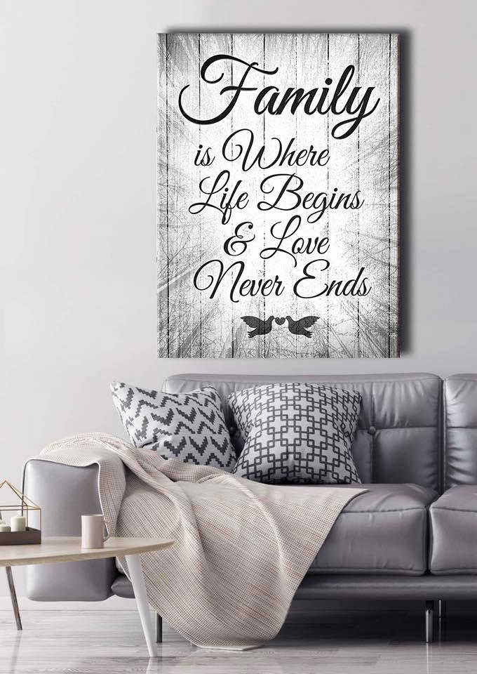 High - Quality Wood - Framed Family Wall Art: Life Begins at Family V10 (Ready to Hang)