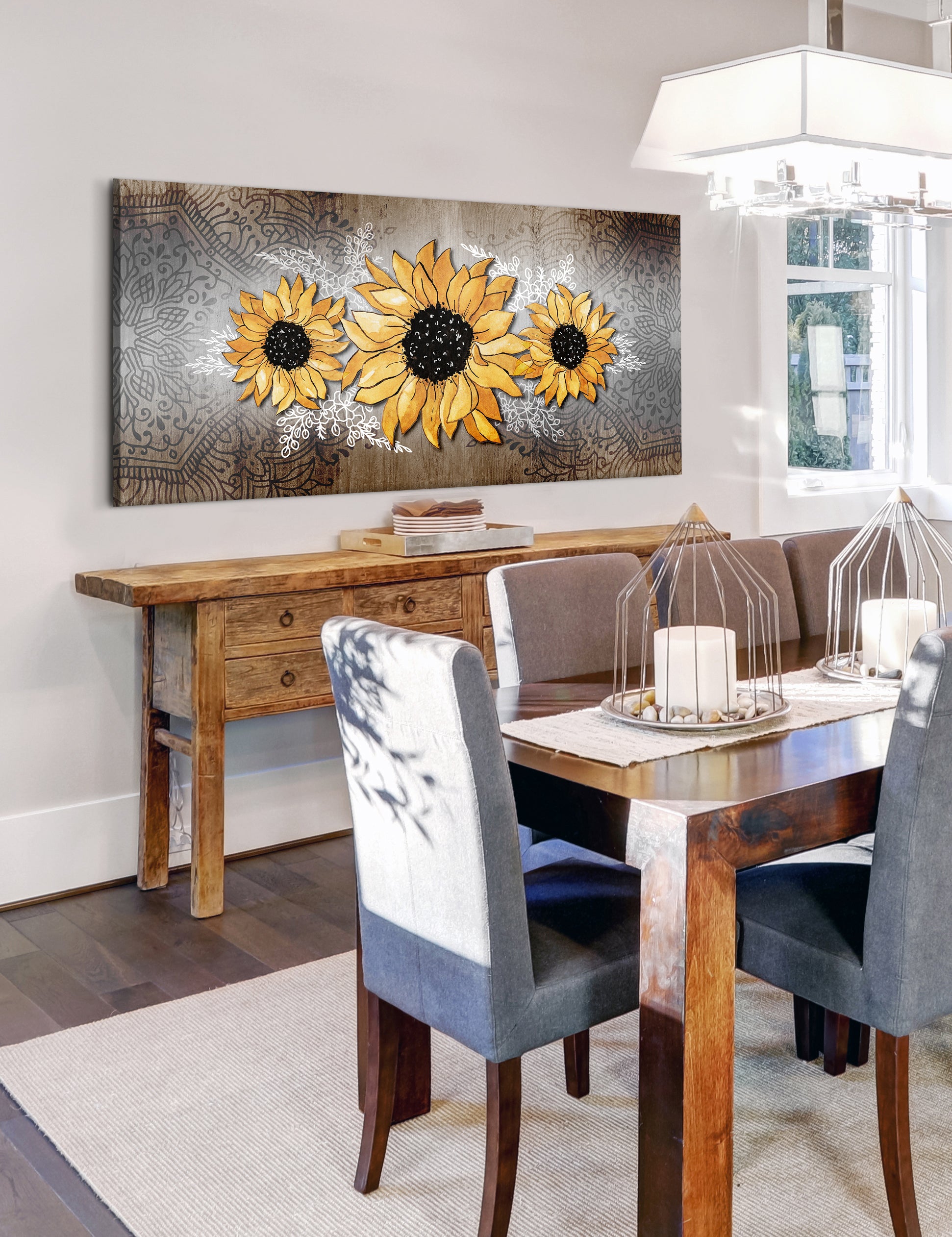 High - quality Boho Sunflower Trio Wall Art with Wood Frame, Ready to Hang