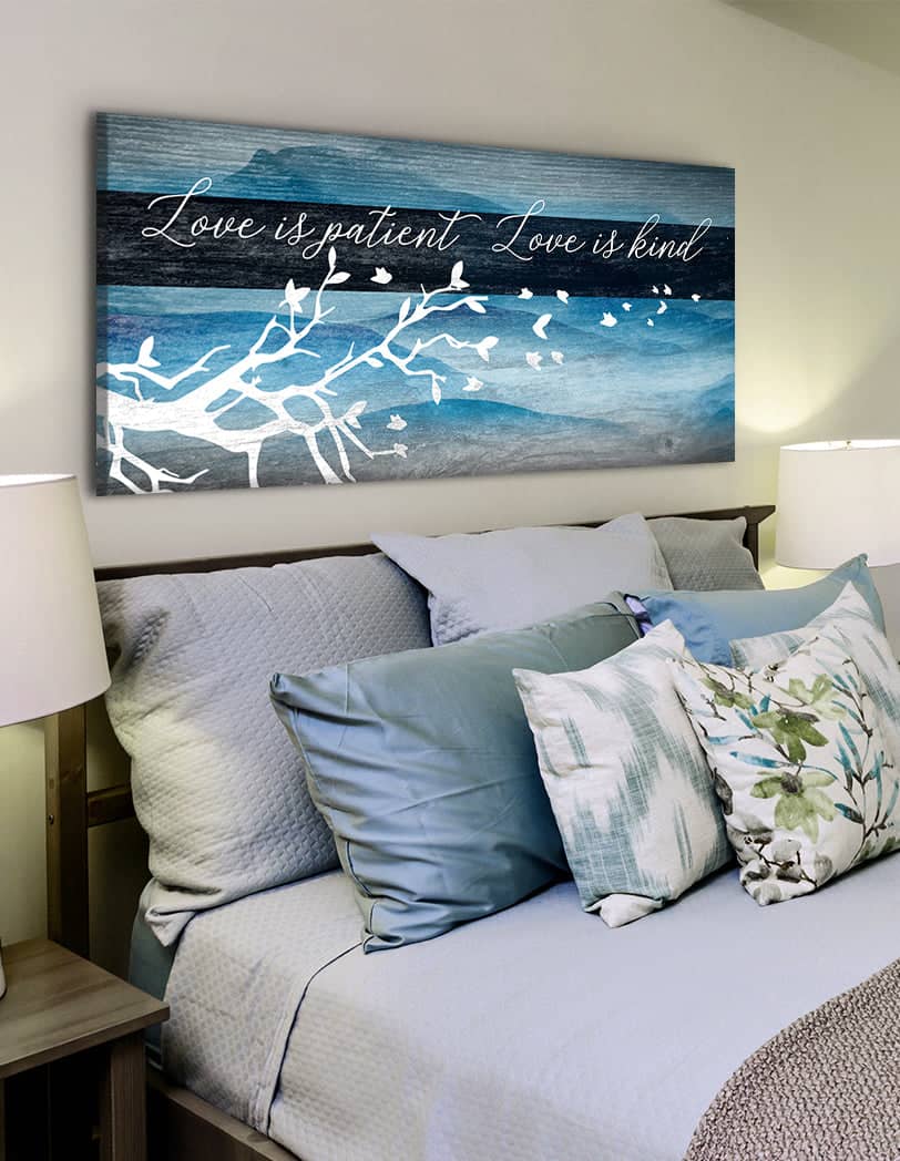 Exclusive Bedroom Wall Art: 'Love is Patient Love is Kind' V4 with Wood Frame, Ready to Hang - Buy 2 Save 20%