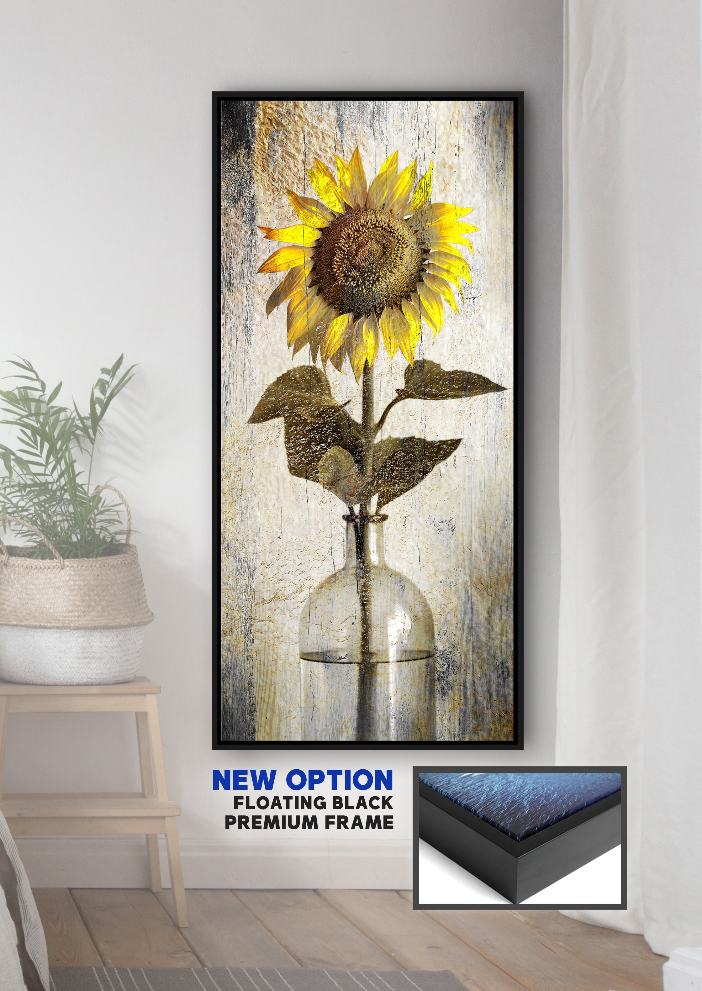 Vintage Sunflower in Vase Wall Art: High - Quality Wood Frame, Ready to Hang