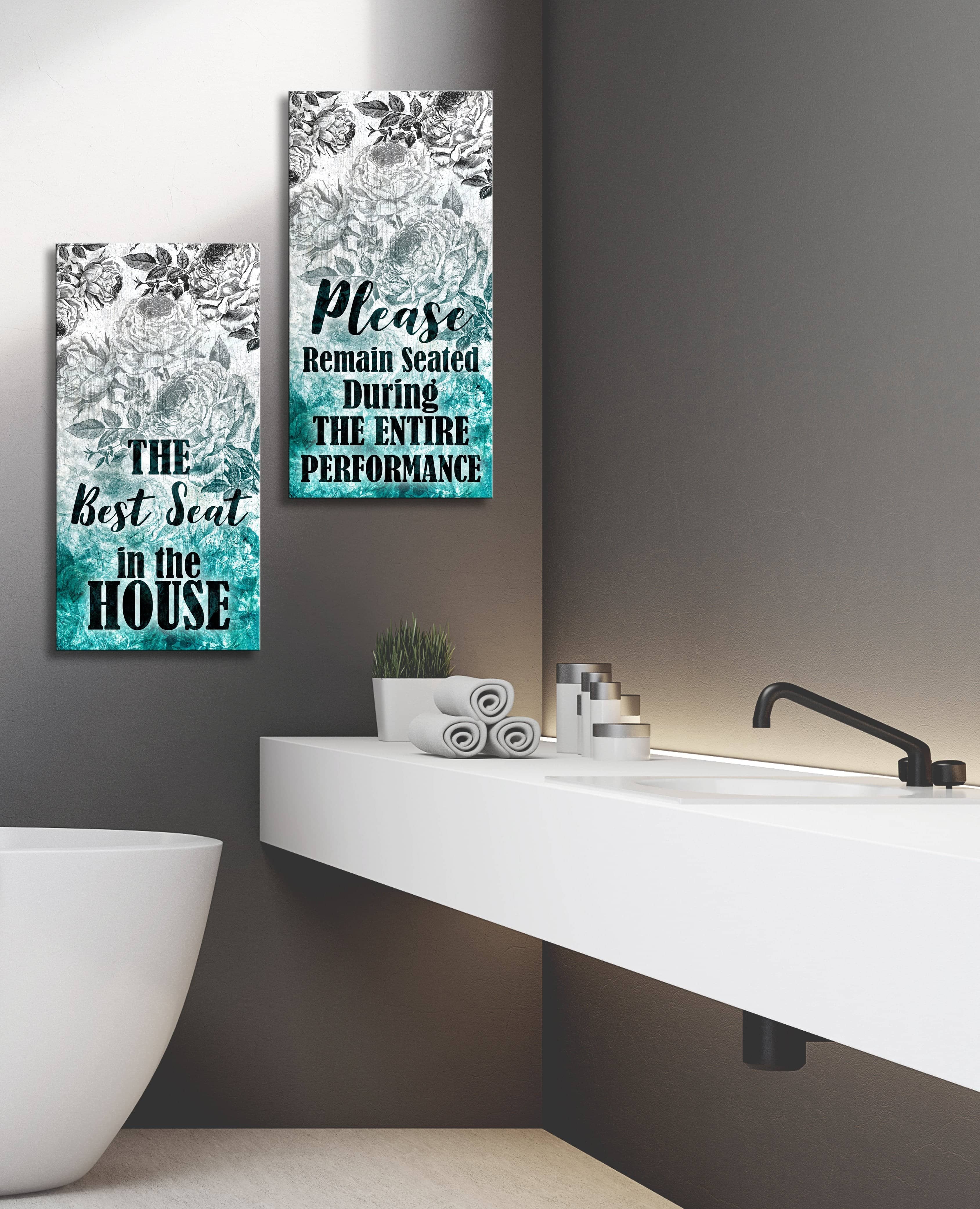 Best Seat Remain Seated 2-Piece Bathroom Wall Art with Wood Frame, Ready to Hang