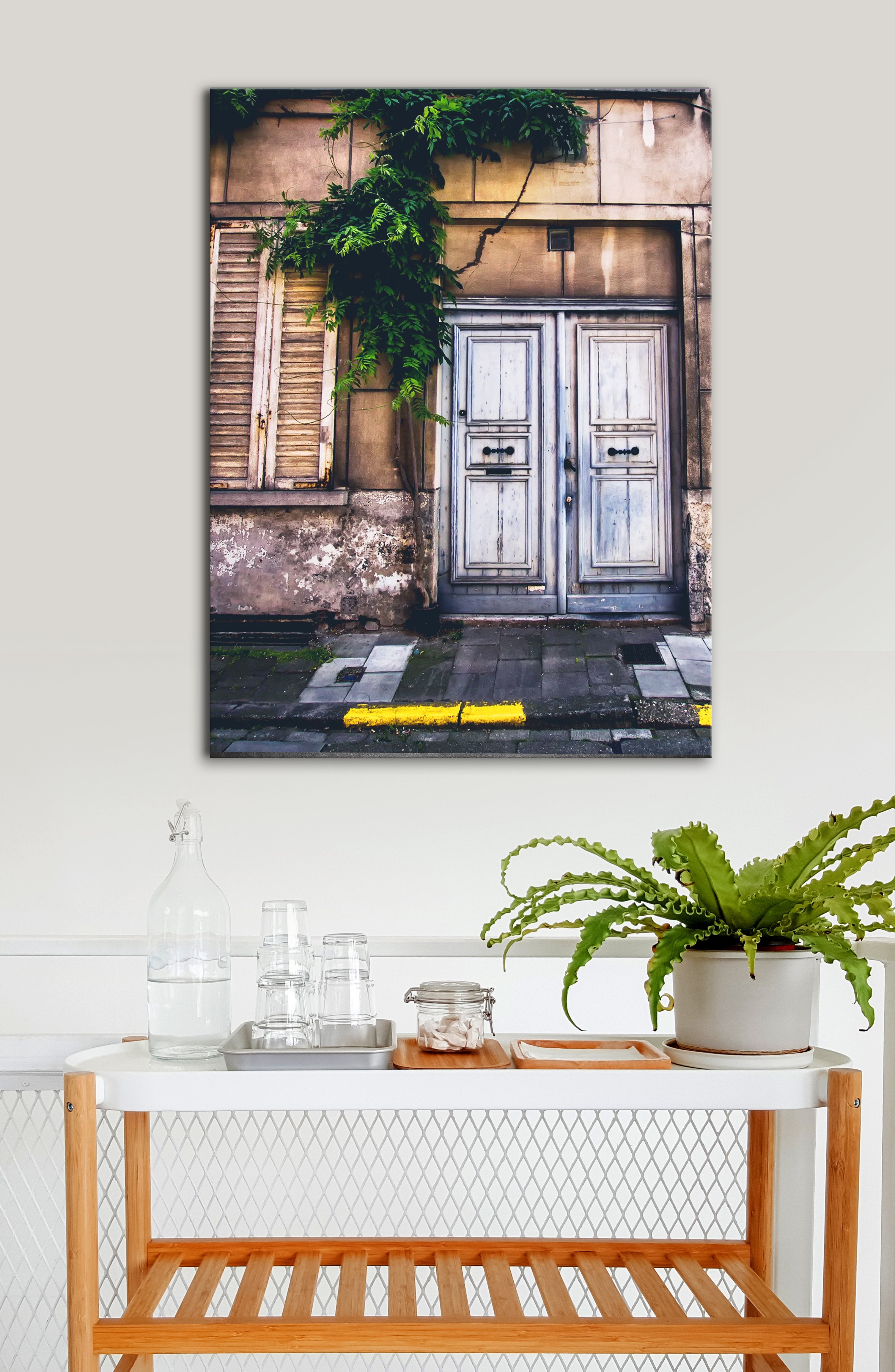 Ready-to-Hang Old Grey City Door Kitchen Wall Art with Wood Frame
