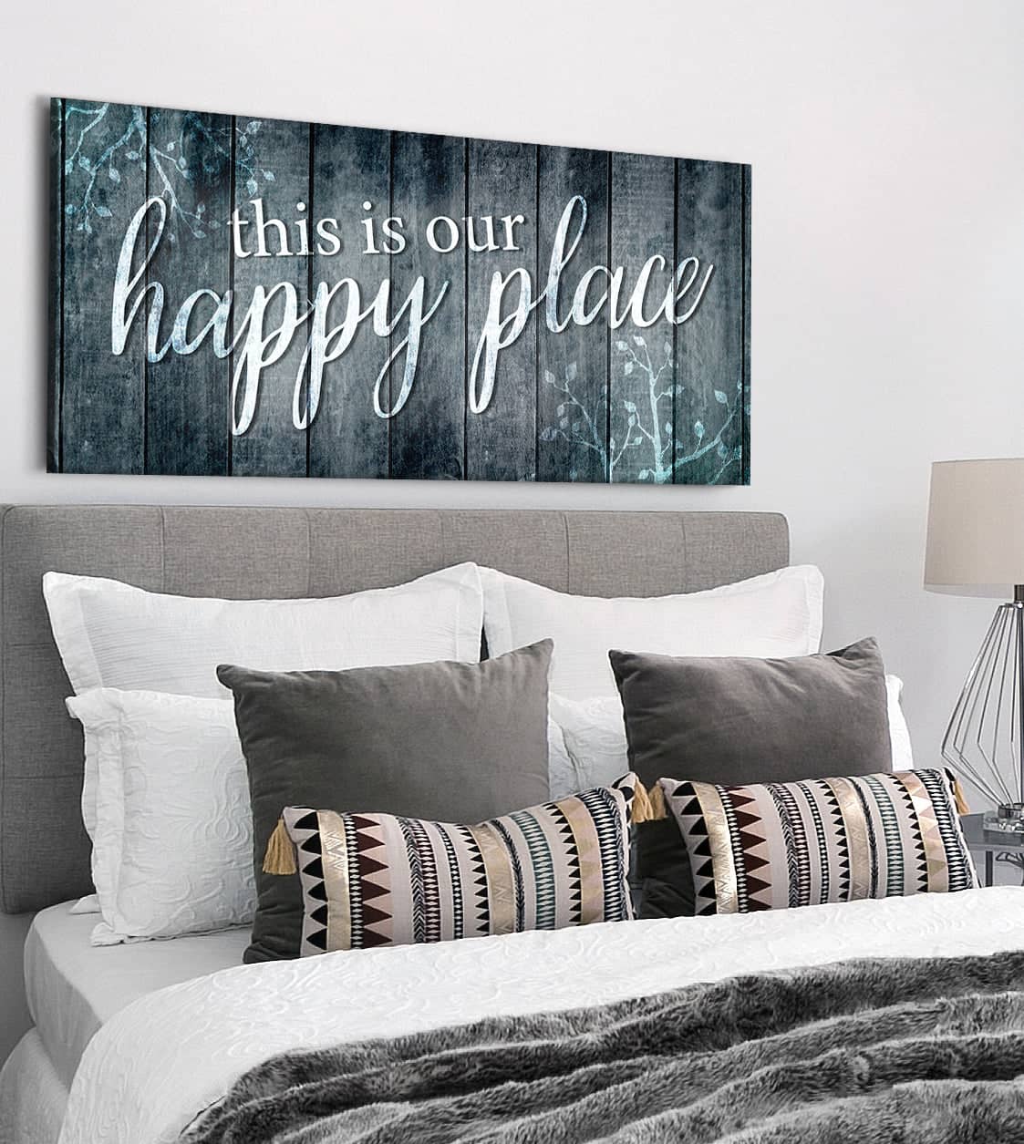 Exclusive Bedroom Wall Art: 'This Is Our Happy Place' V7 with Wood Frame, Ready to Hang - Buy 2 Save 20%