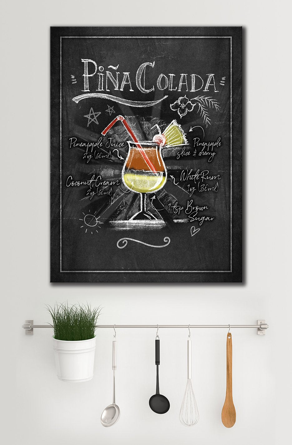 Hot Deal! Ready-to-Hang Wood Framed Kitchen Wall Art: Pina Colada Recipe Design