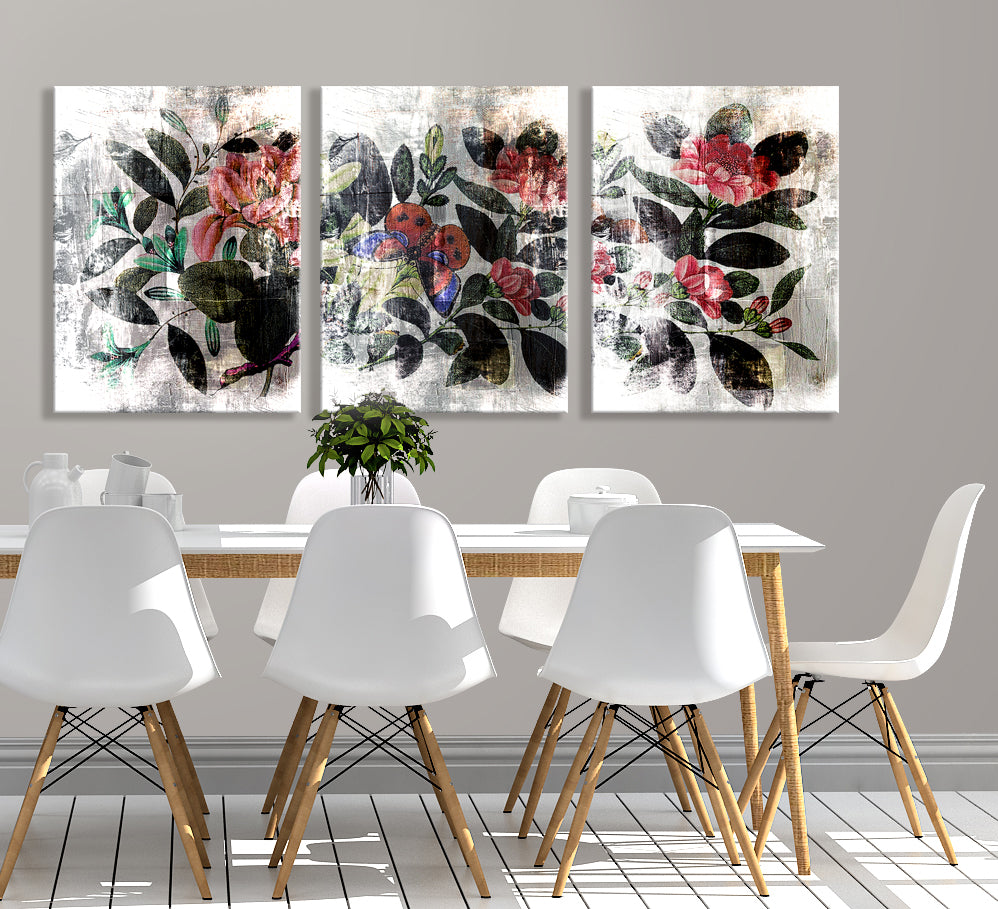 Exclusive Vintage Floral Wall Art Set of 3 with Wood Frame - Ready to Hang