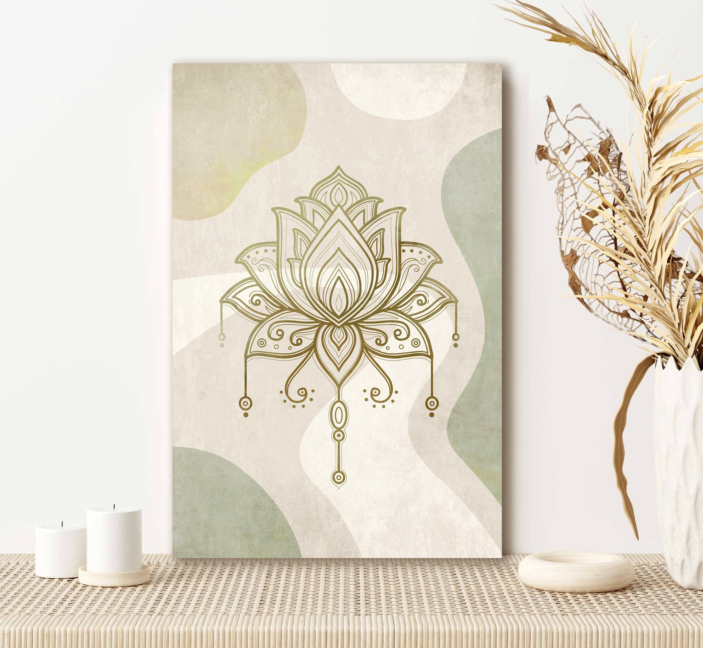Ready-to-Hang Boho Lotus Wall Art with Wood Frame