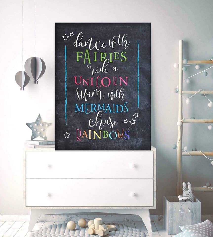 High-Quality Wood Frame Bedroom Wall Art: Dance with Fairies and Ride a Unicorn (Ready to Hang)