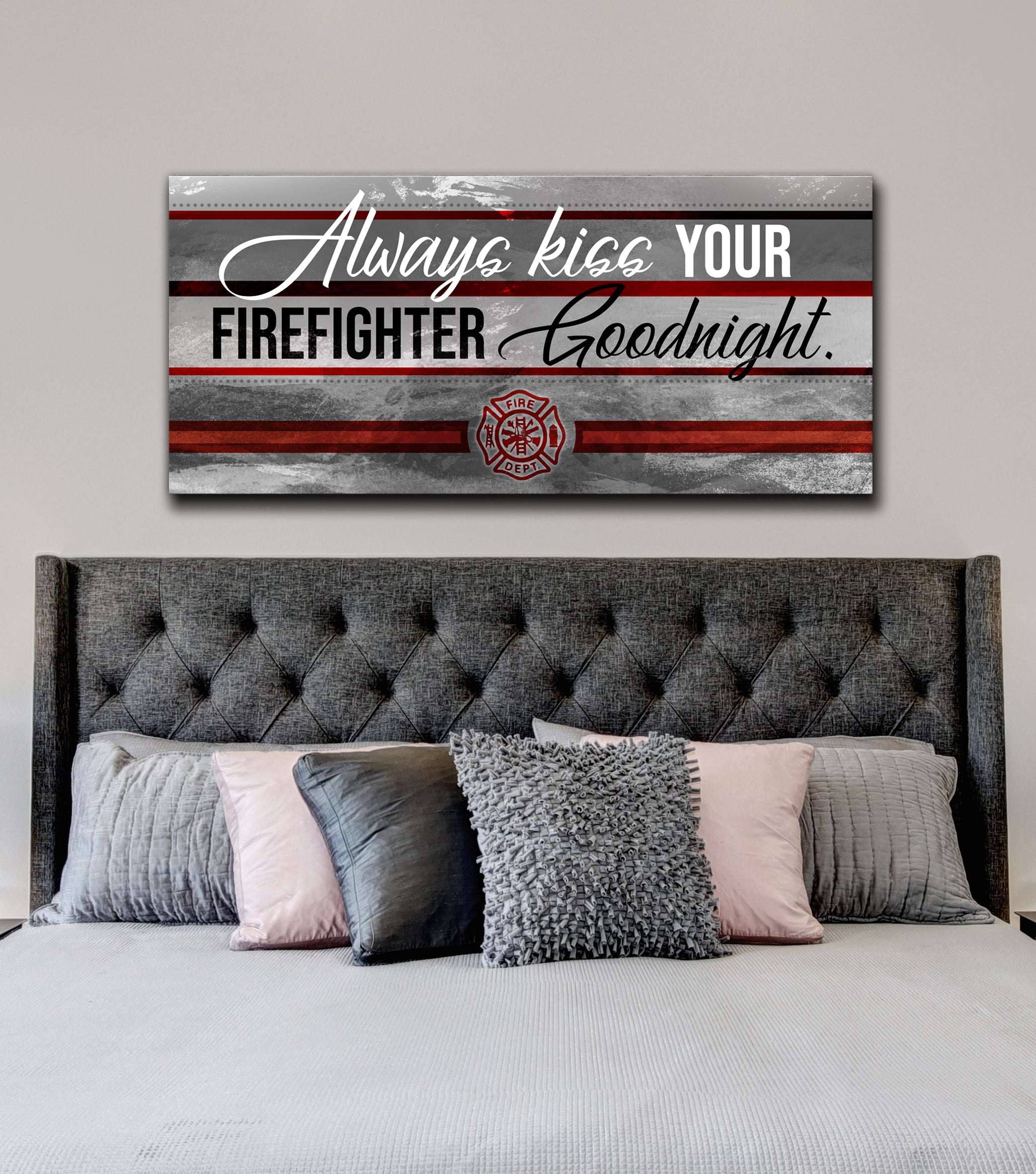 Ready-to-Hang Firefighter Wall Art: Always Kiss Your Firefighter Goodnight (Wood Frame)