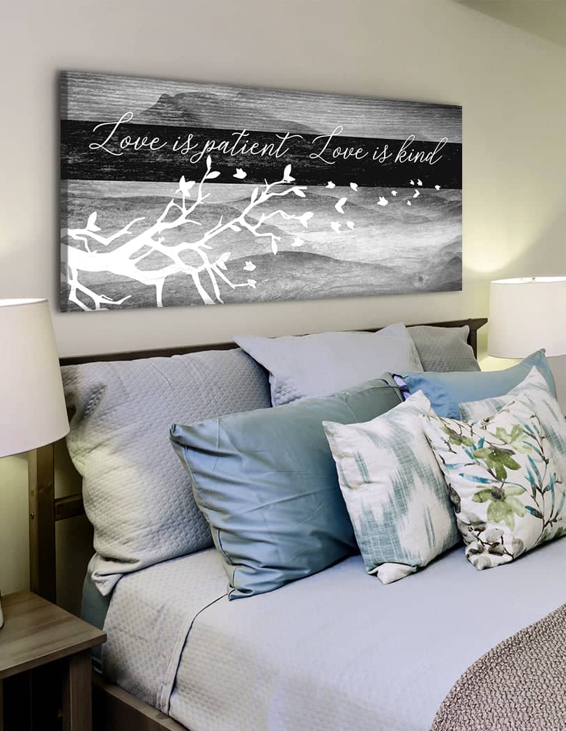 Exclusive Bedroom Wall Art: 'Love is Patient Love is Kind' V4 with Wood Frame, Ready to Hang - Buy 2 Save 20%