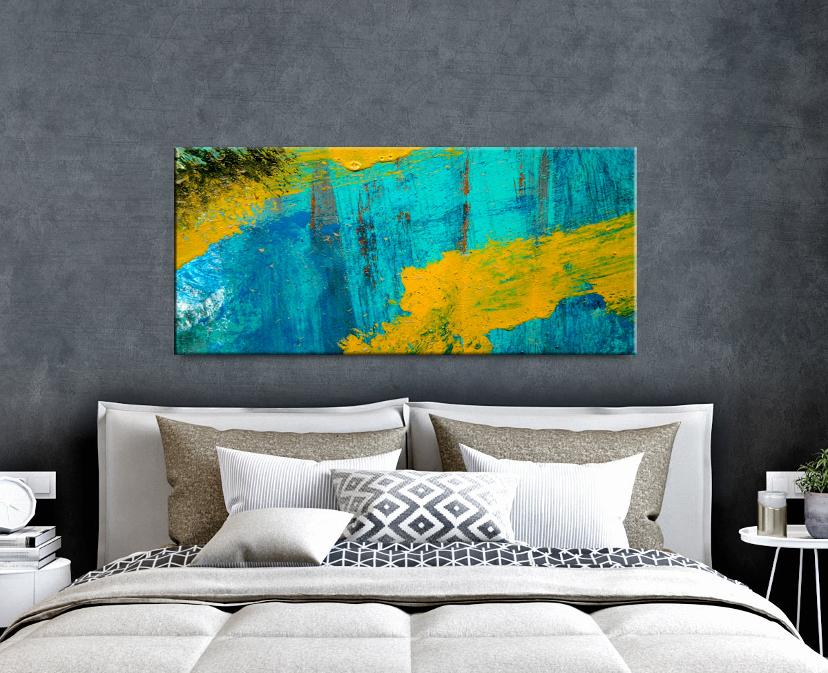 Teal and Mustard Color Splash Paint Wall Art with Wood Frame, Ready to Hang