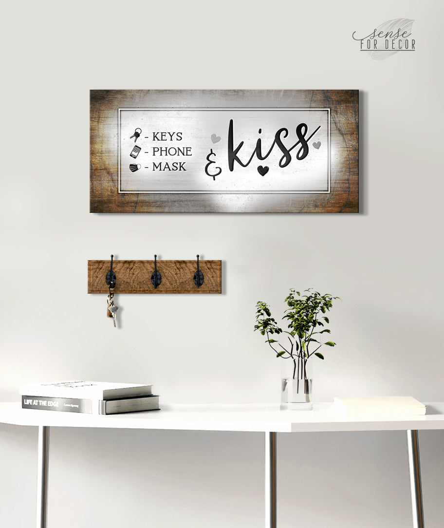Vibrant Couples Wall Art: Keys Phone Mask Kiss V2 with Wood Frame, Ready to Hang