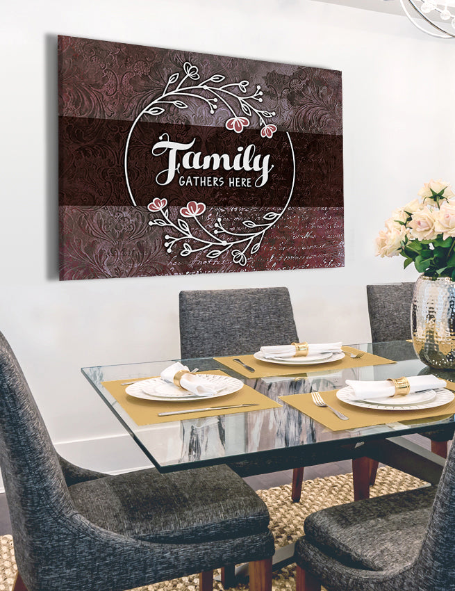 Exclusive Family Wall Art - 'Family Gathers Here' with Wood Frame, Ready to Hang, Buy 2 Save 20%