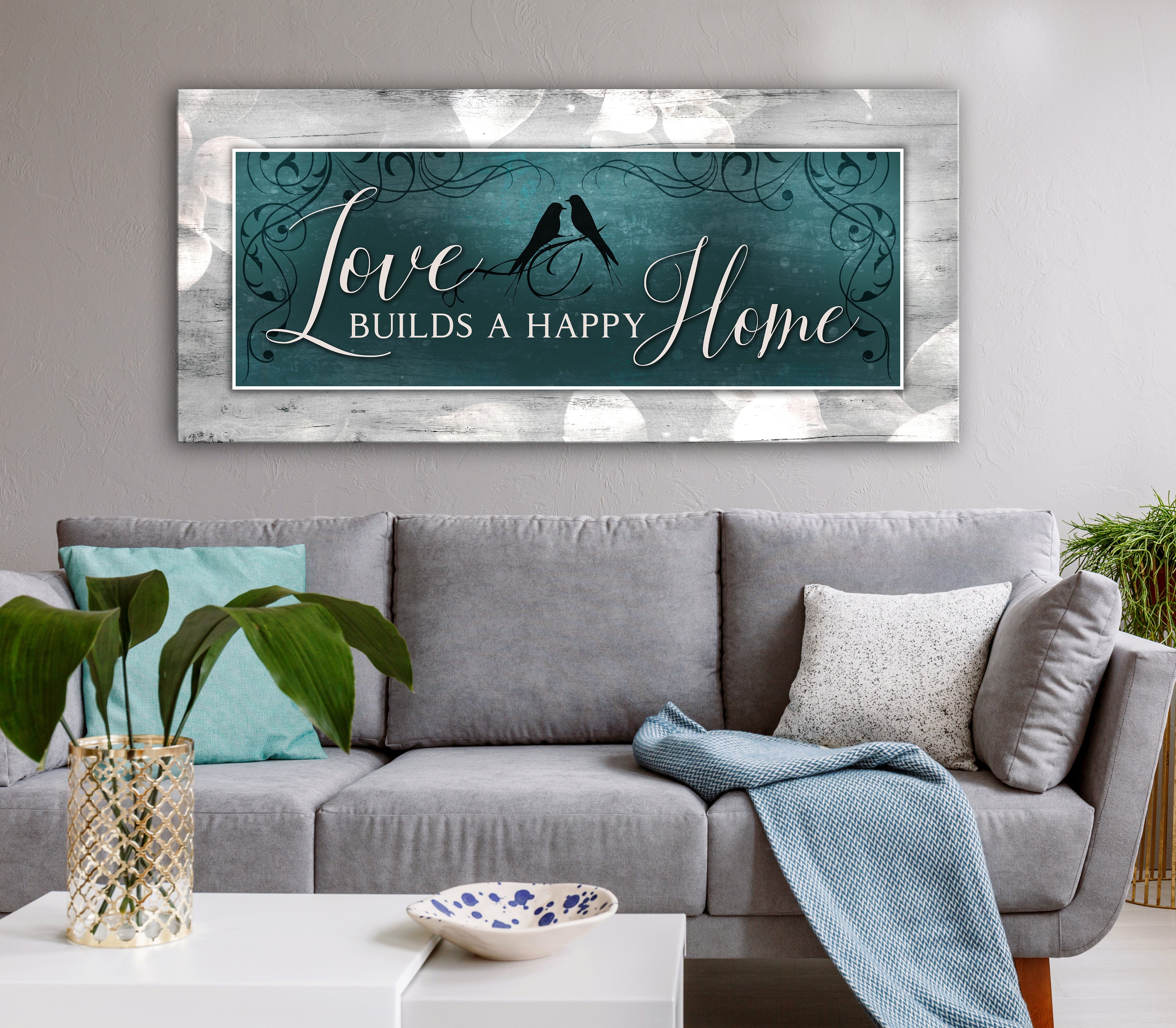 High - Quality Wood - Framed Couples Wall Art: Love Creates a Happy Home (Ready to Hang)