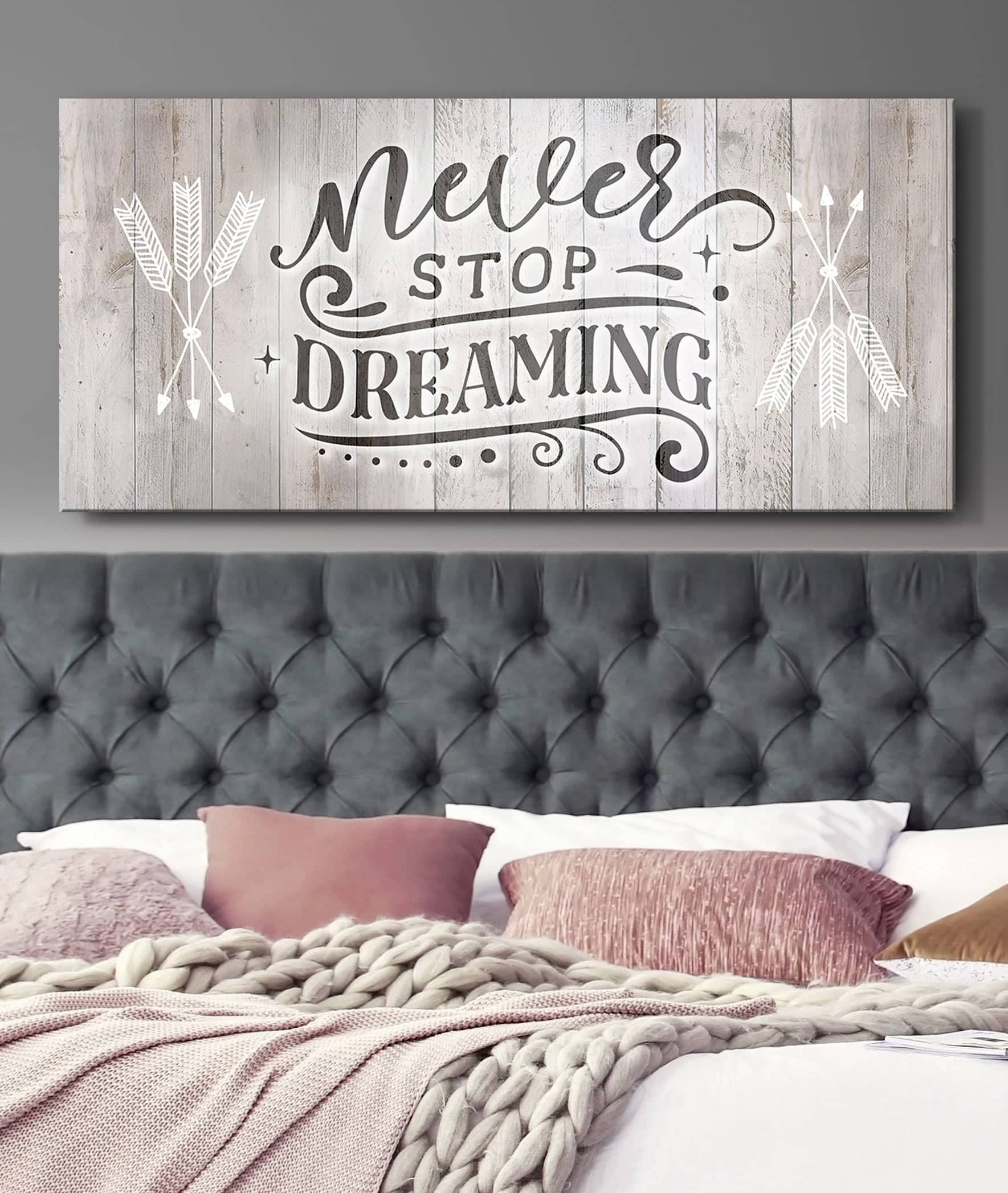 Exclusive Bedroom Wall Art: 'Never Stop Dreaming V2' - Wood Frame, Ready to Hang!