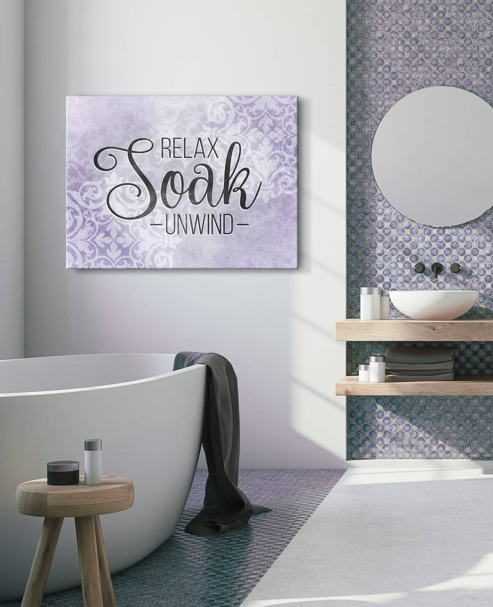 High - Quality Wood - Framed Bathroom Wall Art: Relax, Soak, Unwind V2 (Ready To Hang)