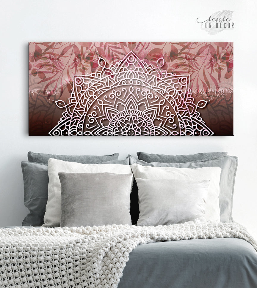 Ready-to-Hang Boho Mandala Wall Art with Leaves in Wood Frame